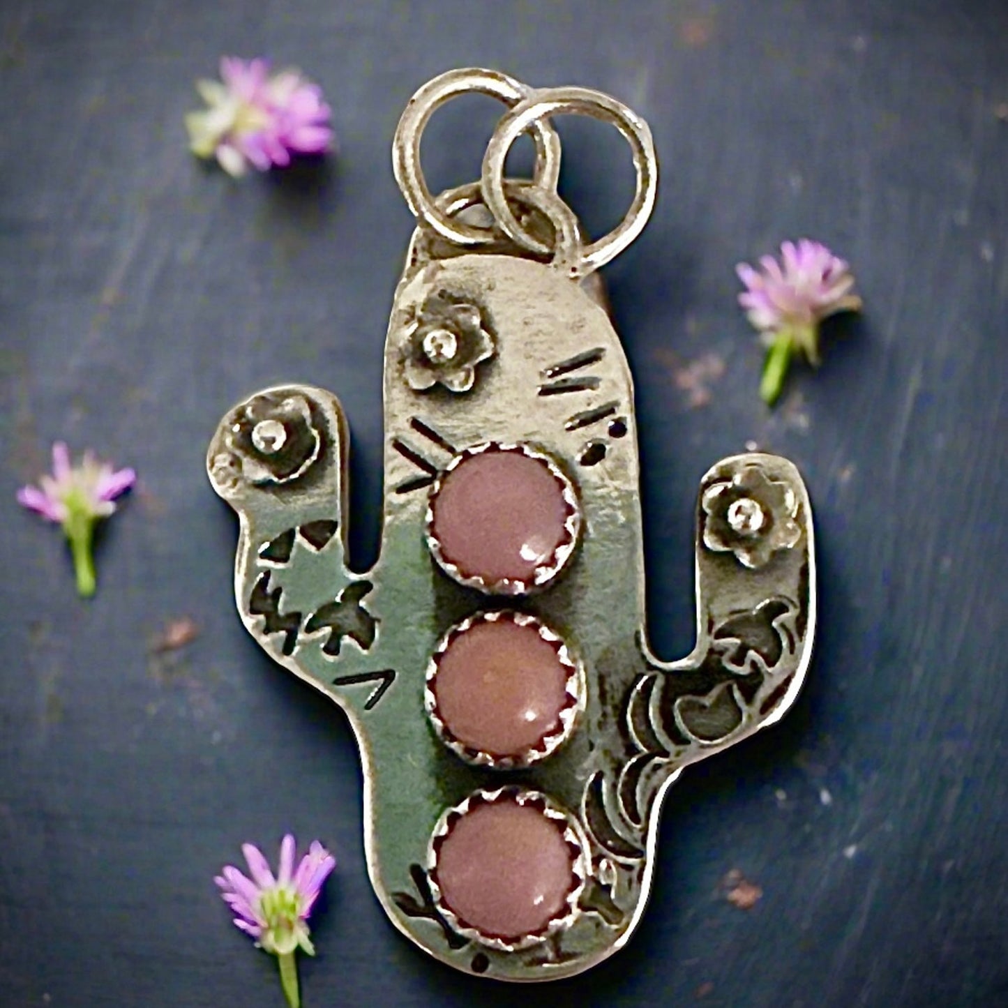PICK One Southwestern Sterling Silver Gemstone Cactus Pendant 1.25”