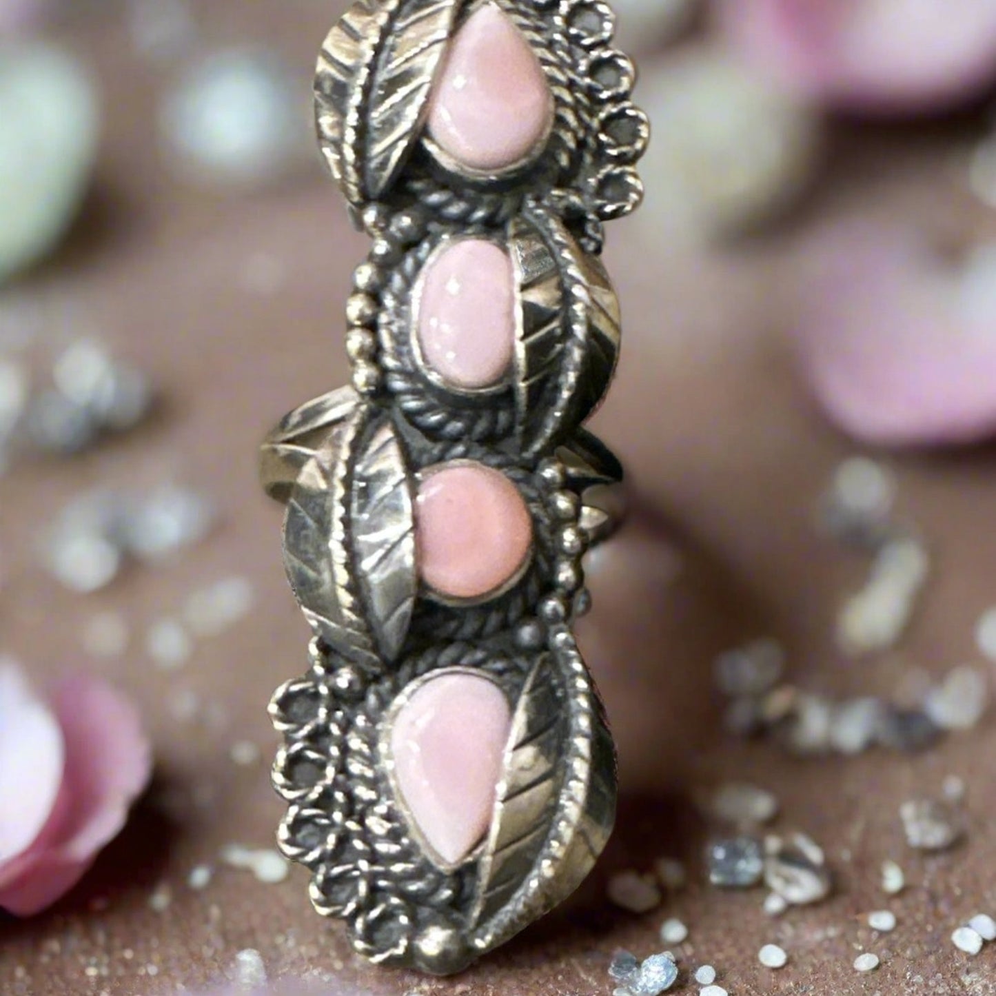 Pink Conch Four Stone Floral Leaf .925 Ring Size 7.25