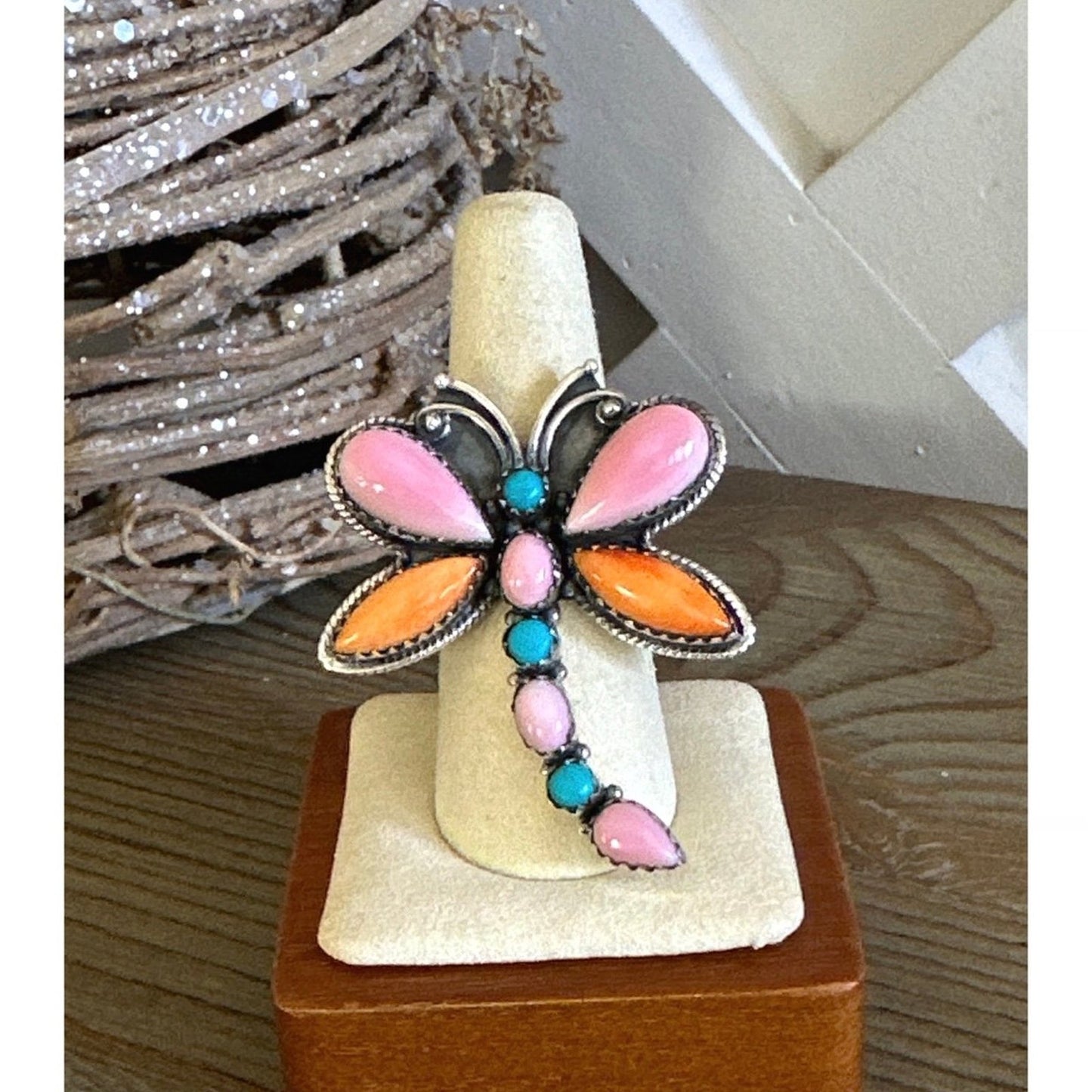 Southwestern Turquoise, Spiny Oyster Pink Conch Dragonfly Ring Size 7.5