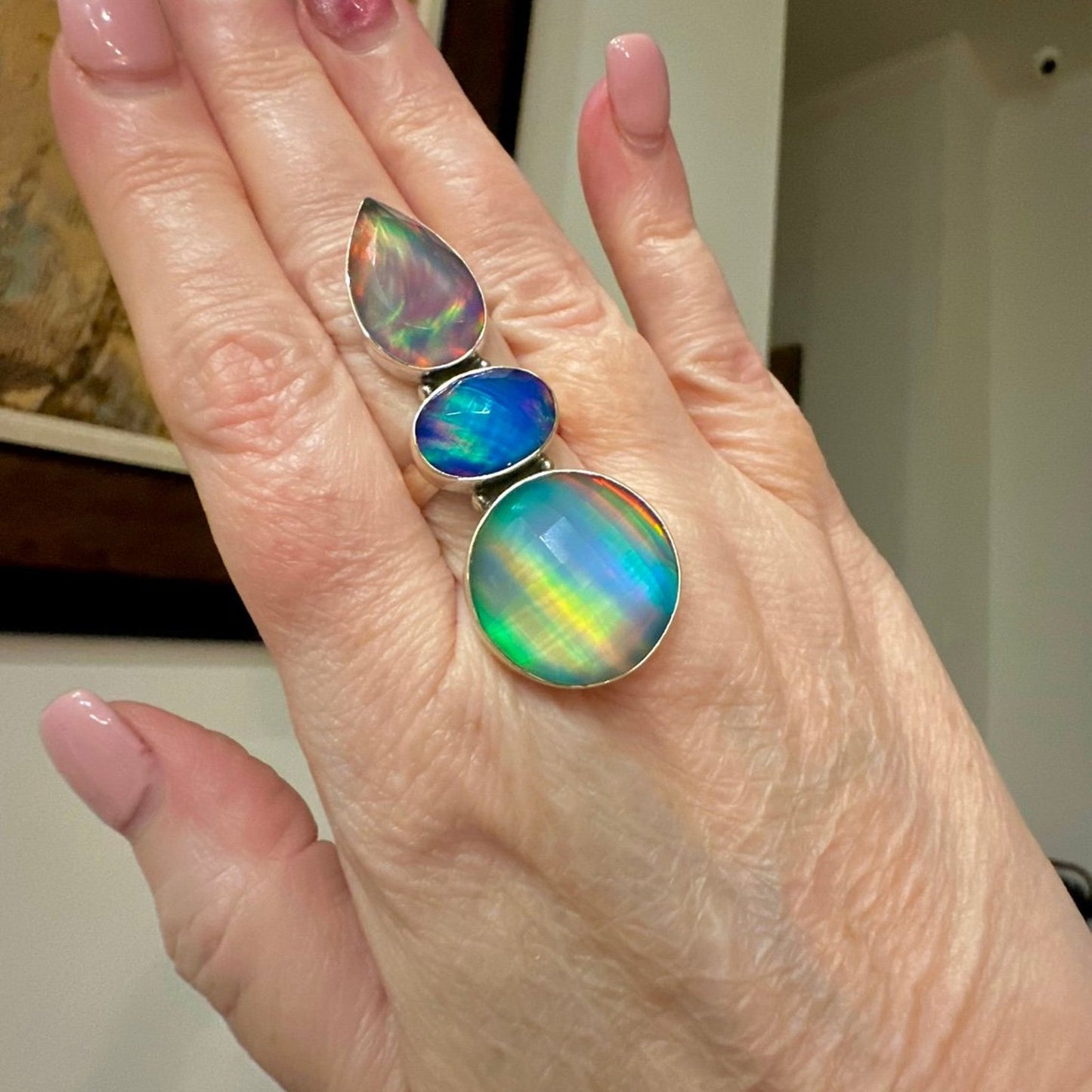Three Stone Aurora Opal Faceted Handmade Sterling Silver Ring Adjustable