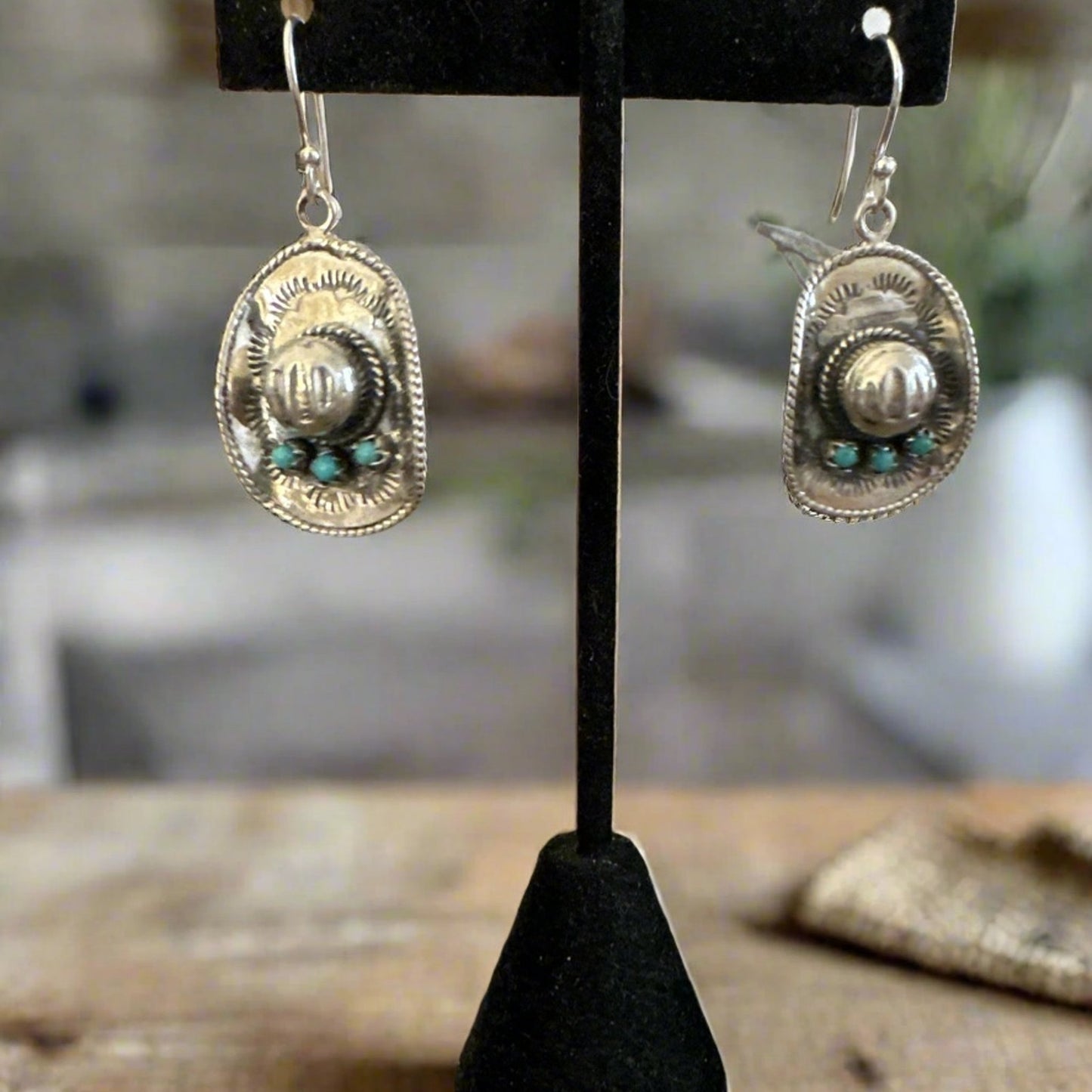 Turquoise Cowboy/Cowgirl Hat Earrings 1” Long Dangle