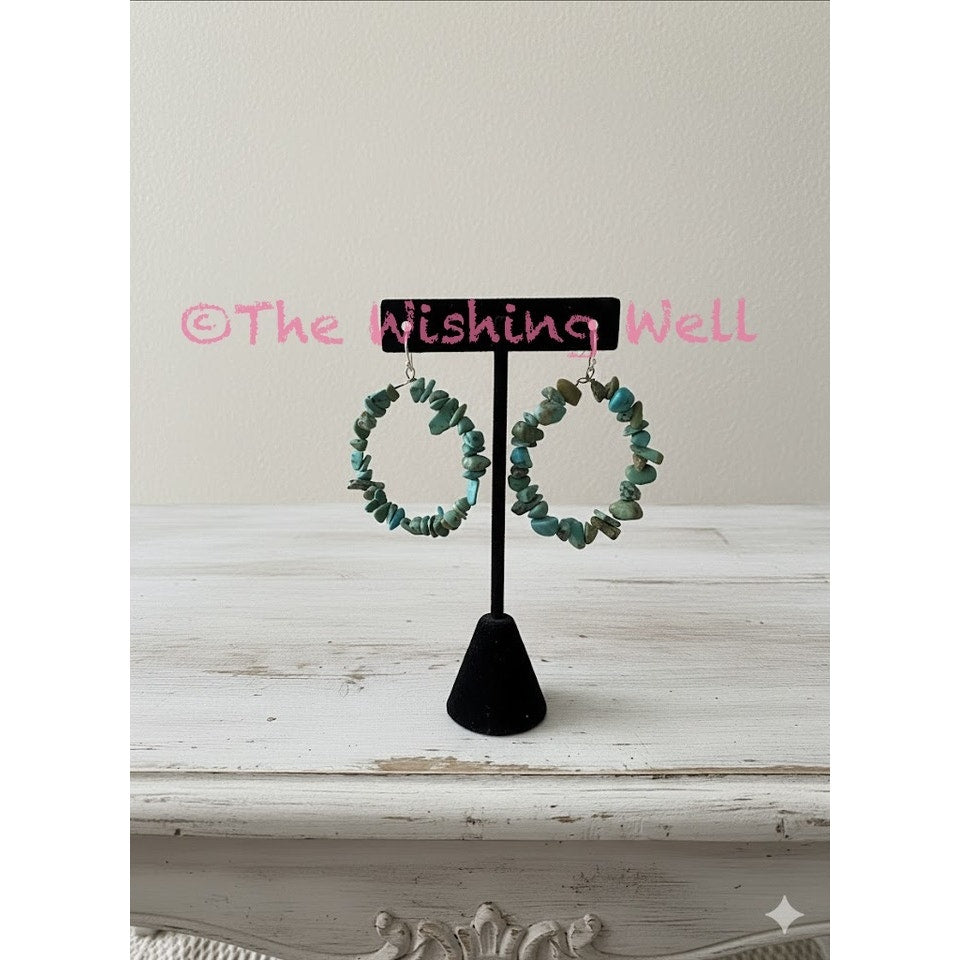 Genuine Turquoise Chip Hoop Dangle 925 Silver Earrings 2”