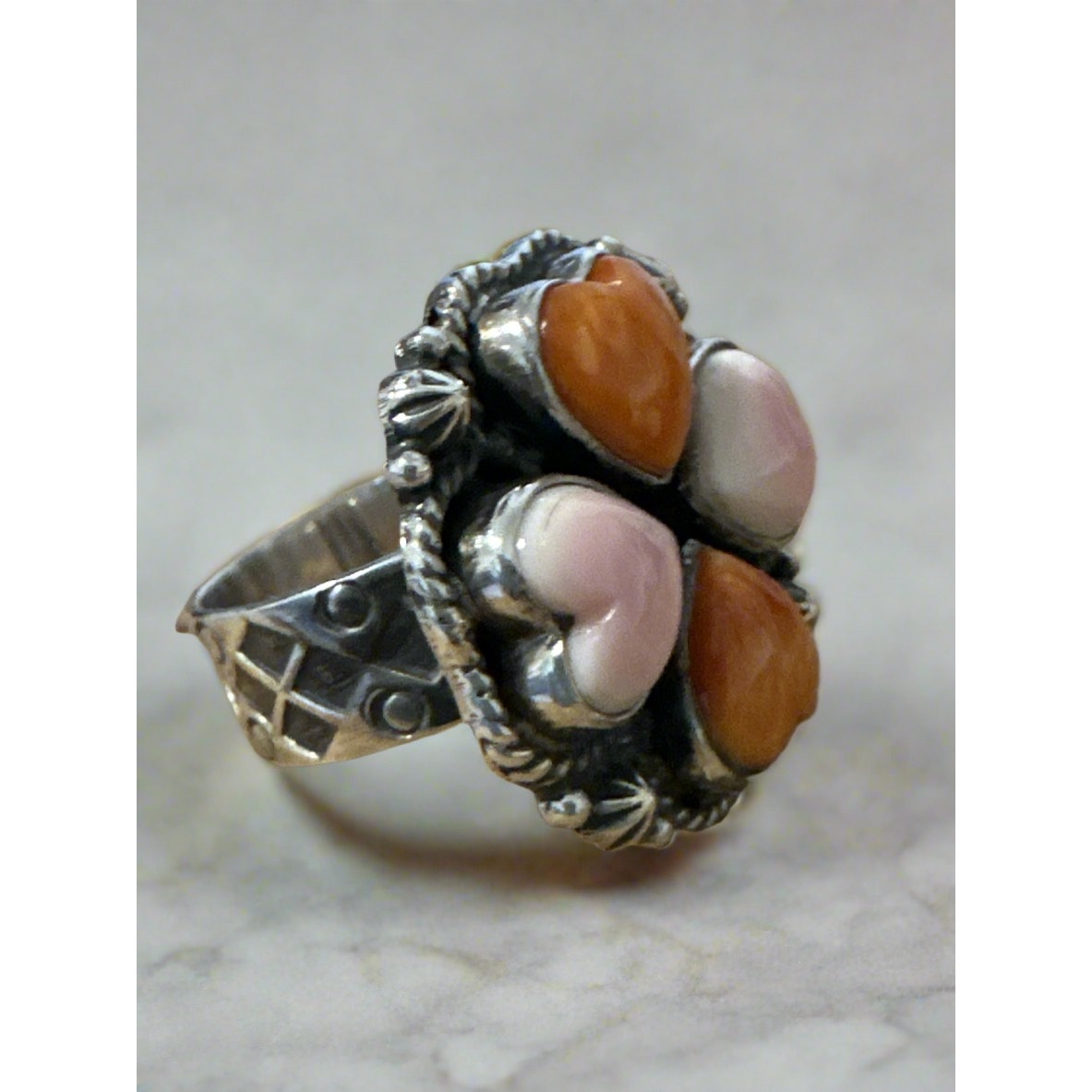 Spiny Oyster & Pink Conch Sterling Silver Southwestern Ring SZ 7
