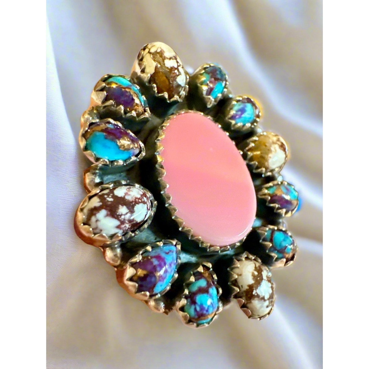 Queen Pink Conch Wild Horse Jasper & Purple Mojave Cluster Ring Adjustable 6-10