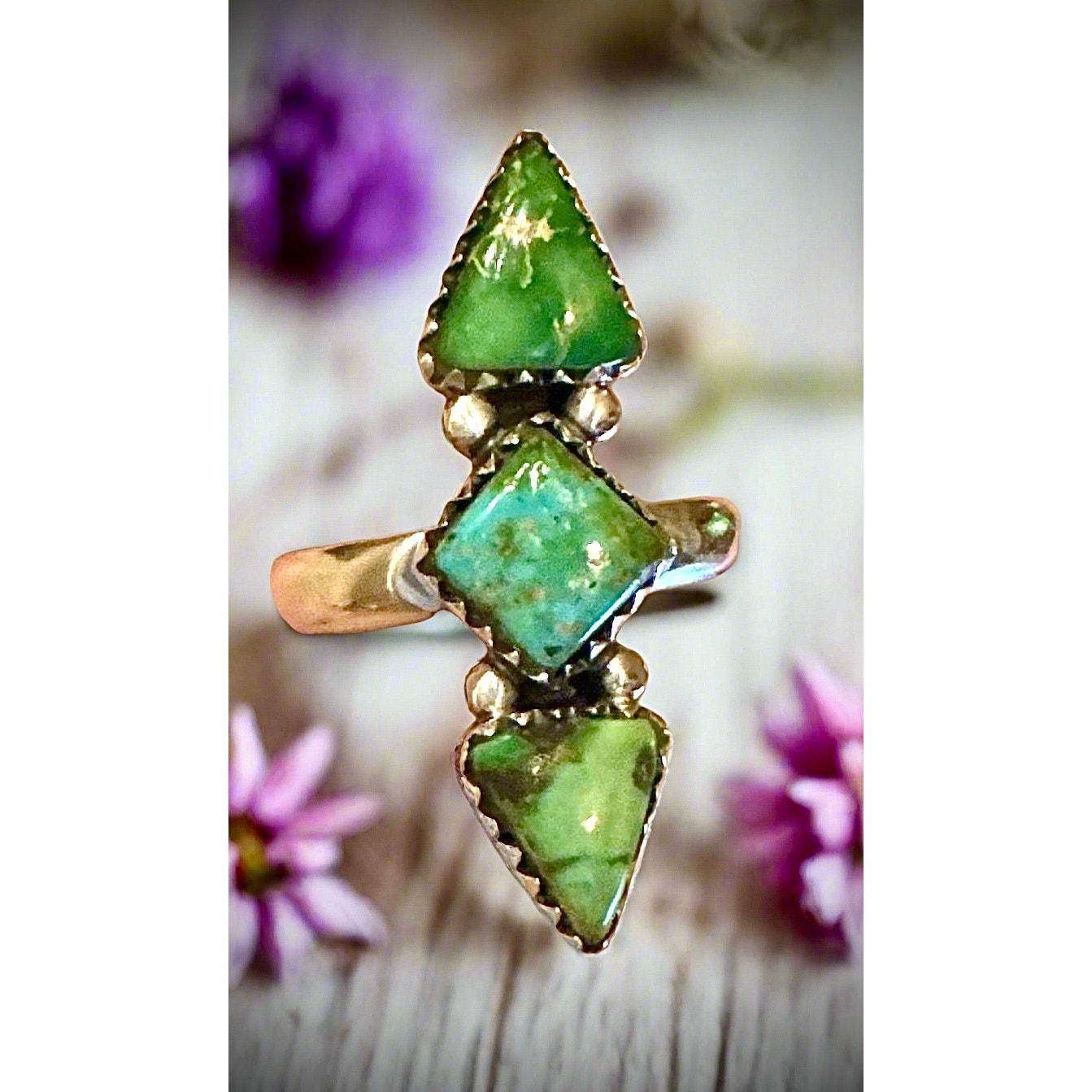 Sonoran Gold Turquoise Three Stone Diamond Shape Sterling Ring Size 5-11 Adjustable