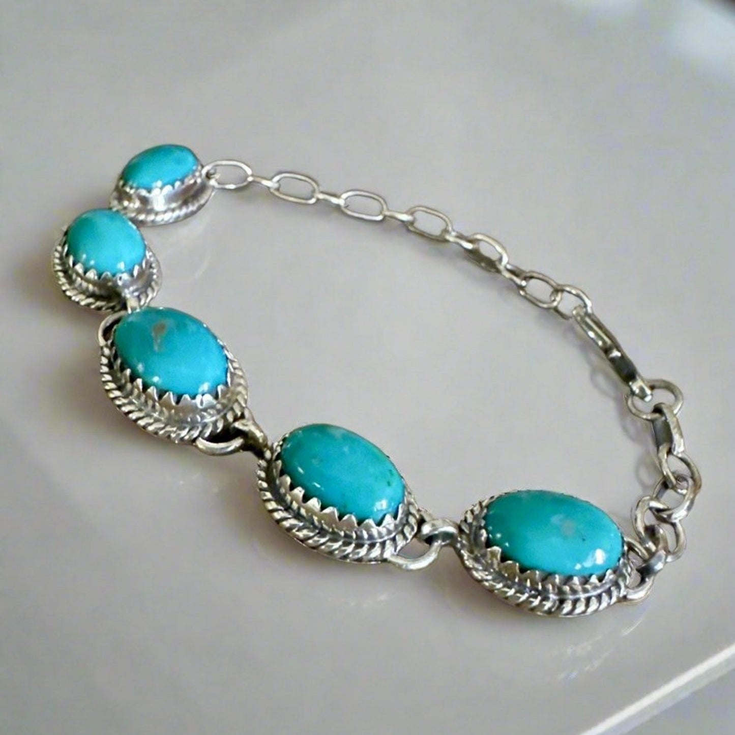Turquoise Five Stone Sawtooth Sterling Silver Bracelet Adjustable 7”