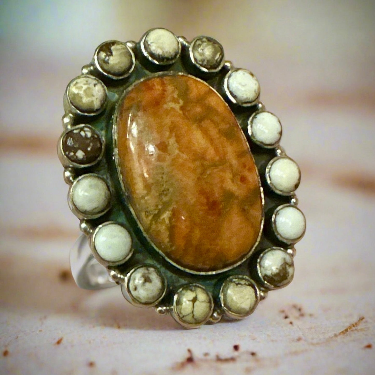 Huge Spiny Oyster & Wild Horse Jasper Southwestern Ring Adjustable Size