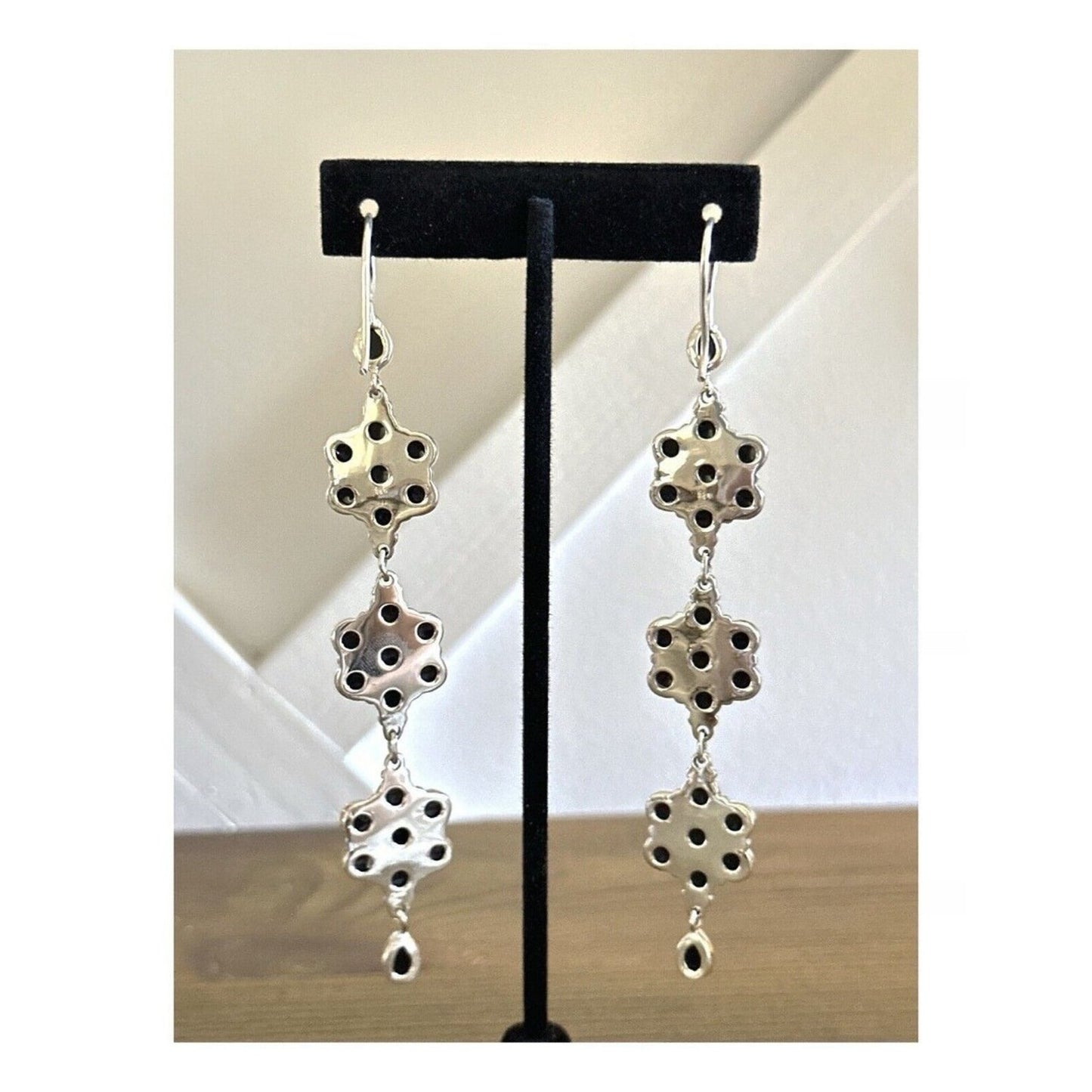 Southwestern Natural Onyx .925 Sterling Dangle Flower Earrings 4.5” Long!