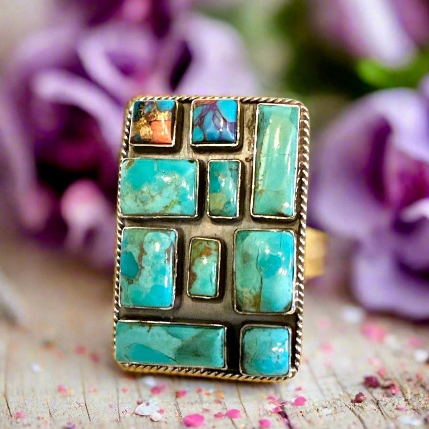 HUGE Turquoise Spiny Oyster Square Ring Adjustable