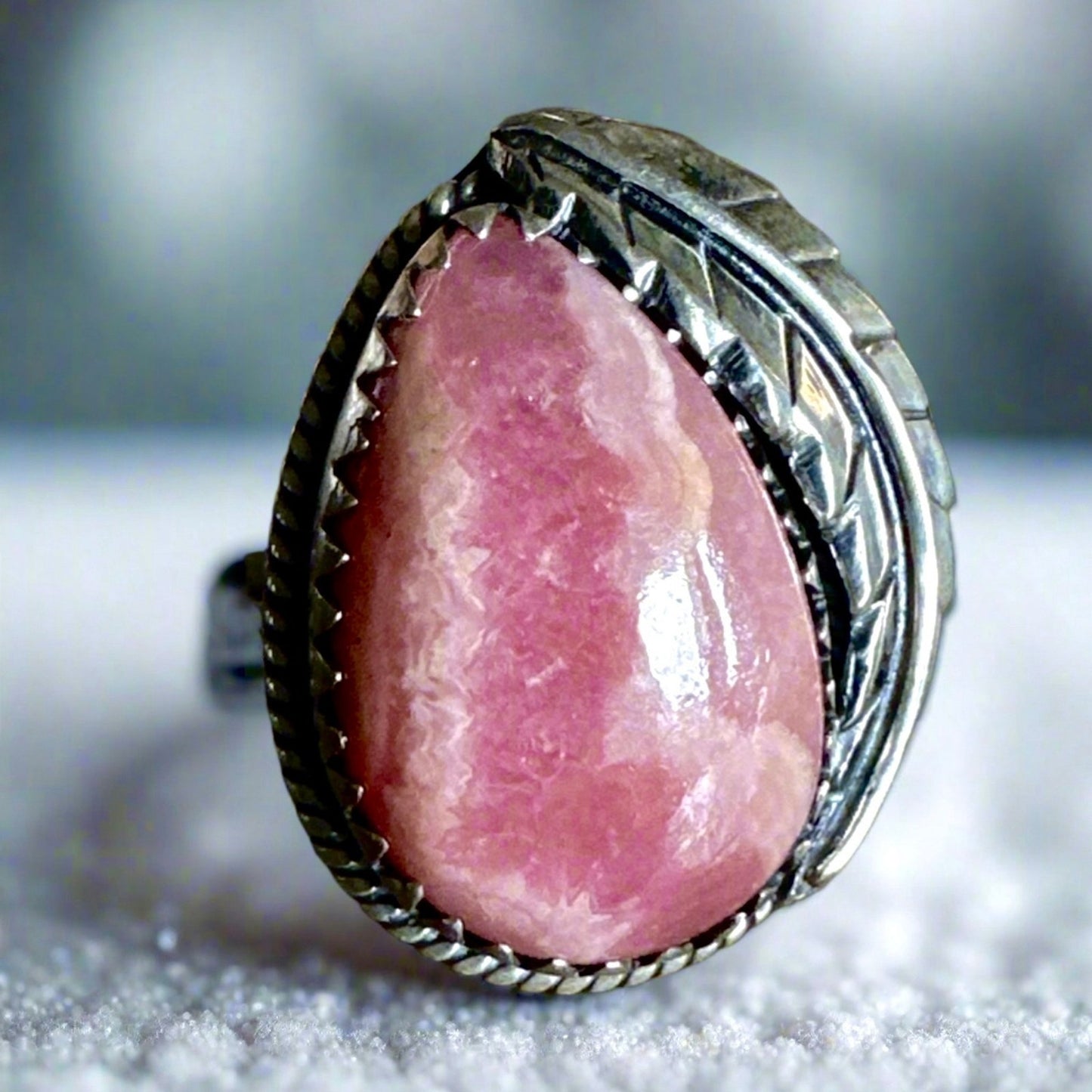 Rhodochrosite Sawtooth Leaf Design Southwestern Ring Size 8.75