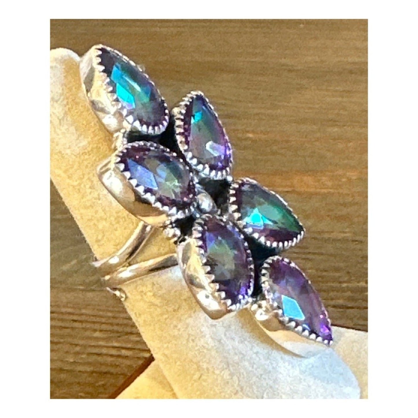 HUGE Teardrop Sawtooth Oxidized Mystic Topaz .925 Ring Adjustable 4-12