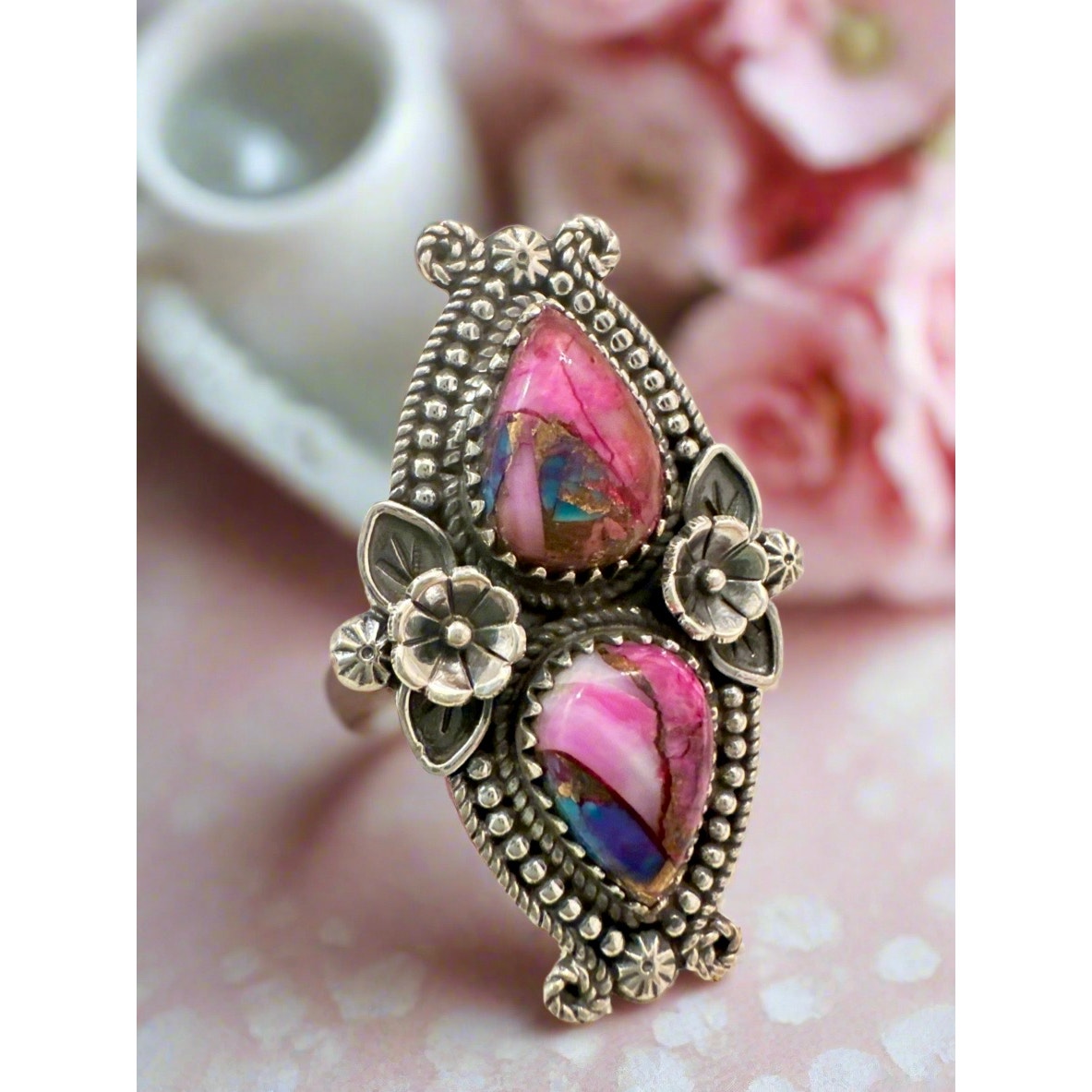 Red Rose Dahlia Two Stone Tear Drop Flower Sterling Silver Ring Size 8