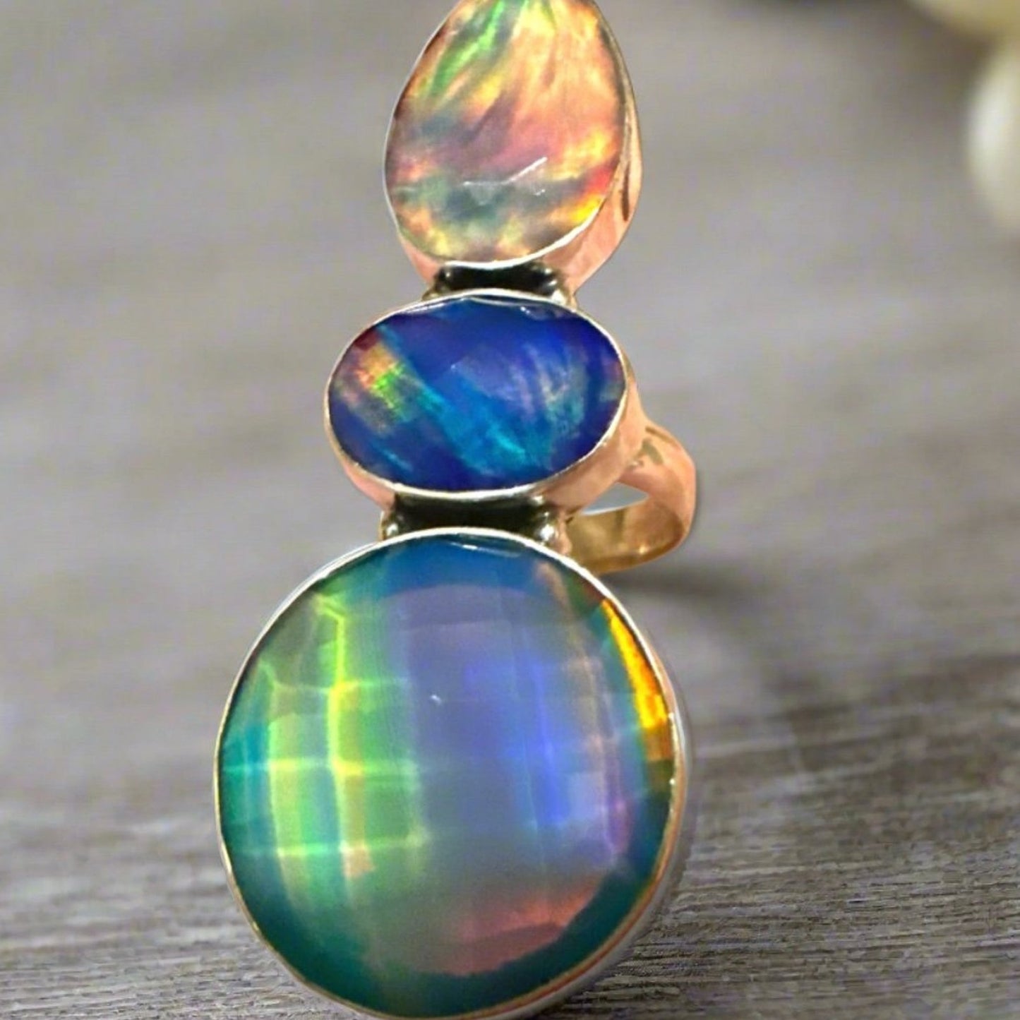 Three Stone Aurora Opal Faceted Handmade Sterling Silver Ring Adjustable