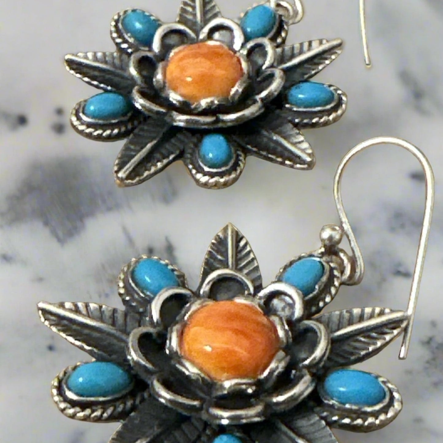 Spiny Oyster & Turquoise Leaf Design Dangle Earrings 2”
