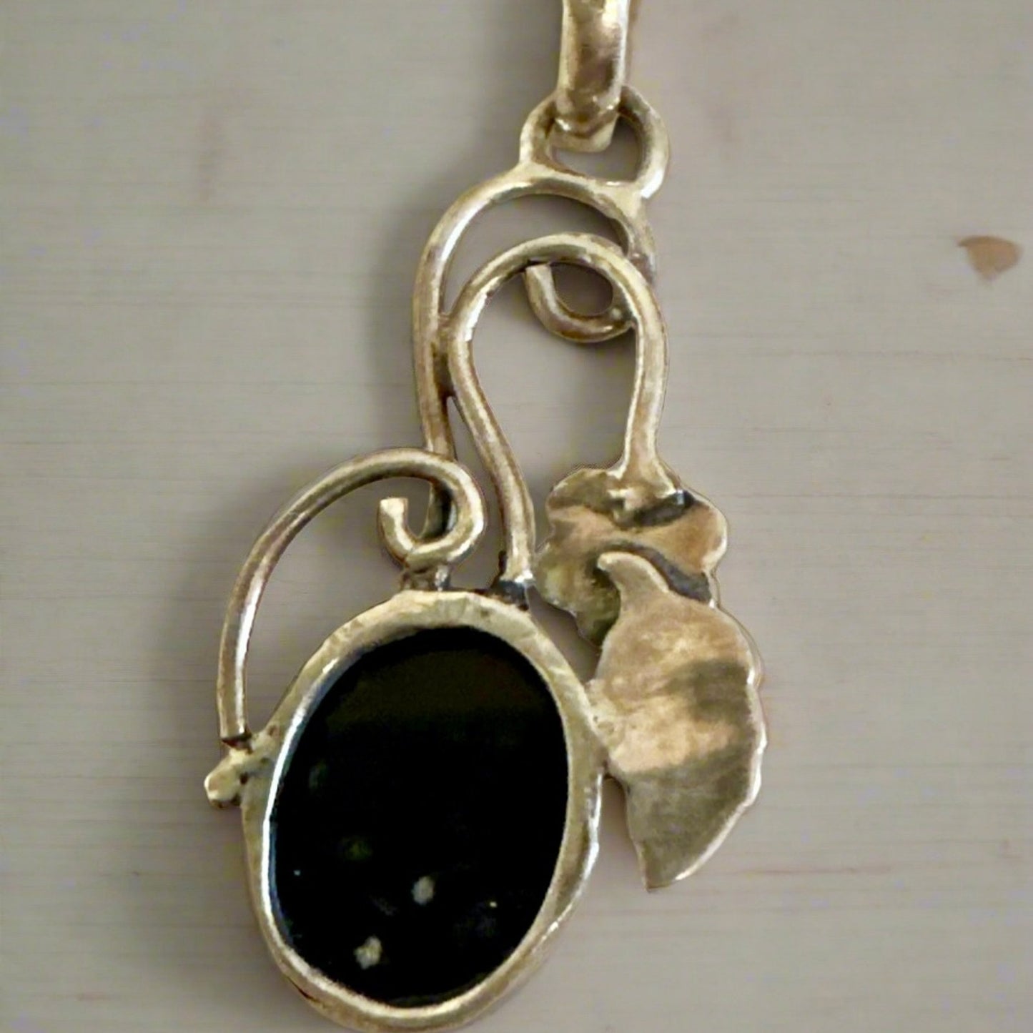Snowflake Obsidian & Ethiopian Opal Oval Leaf Feather Pendant 2”