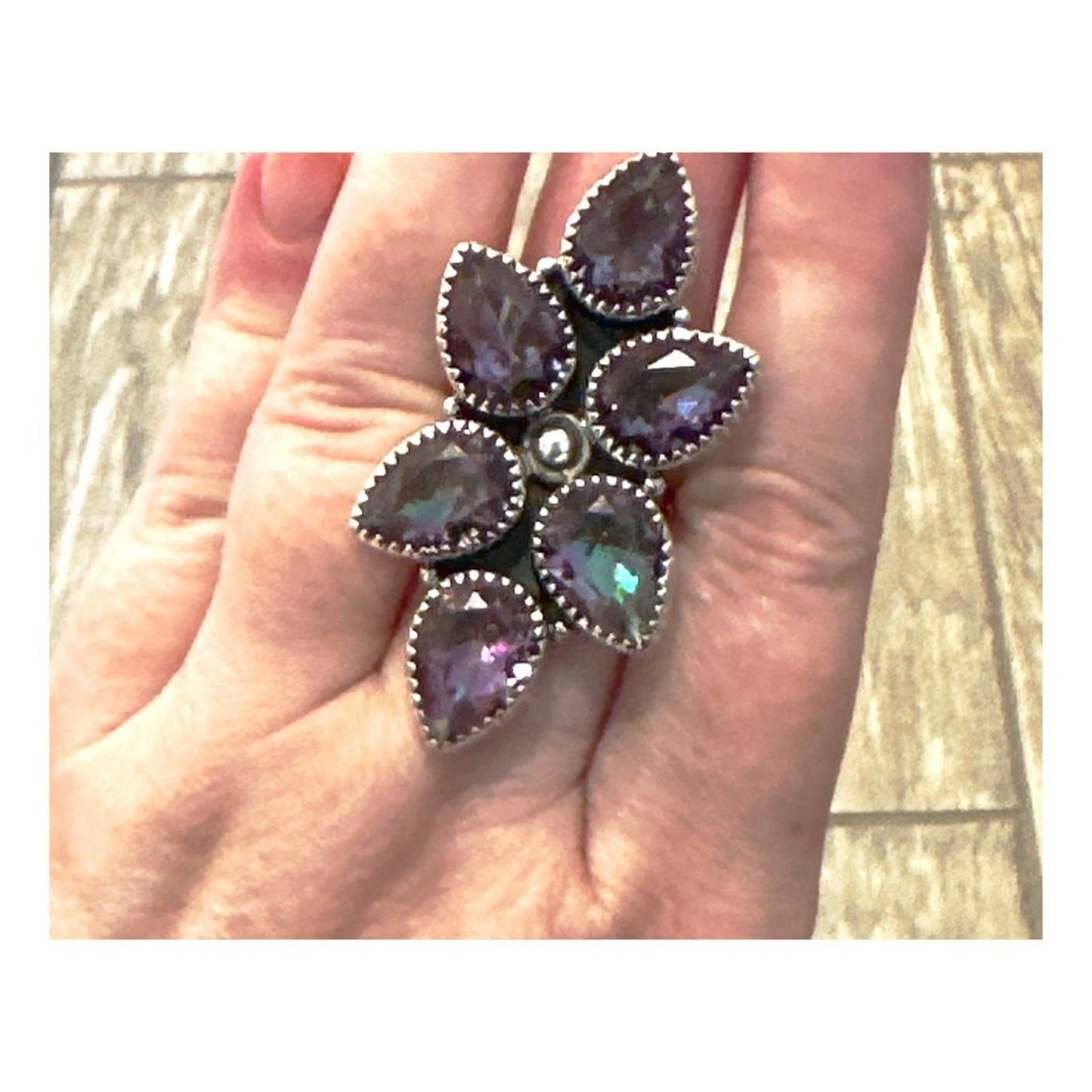 HUGE Teardrop Sawtooth Oxidized Mystic Topaz .925 Ring Adjustable 4-12