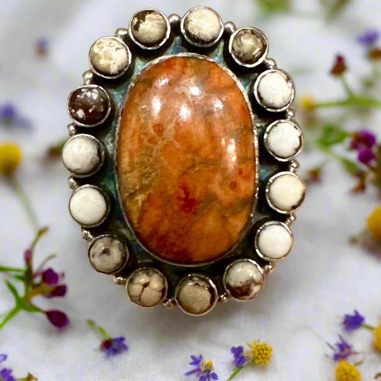 Huge Spiny Oyster & Wild Horse Jasper Southwestern Ring Adjustable Size