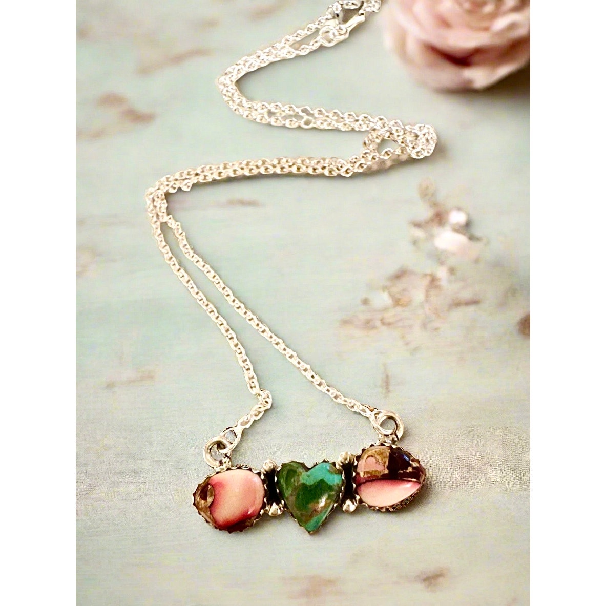 Sonoran Gold Turquoise & Rose Dahlia Heart Necklace 16-18”