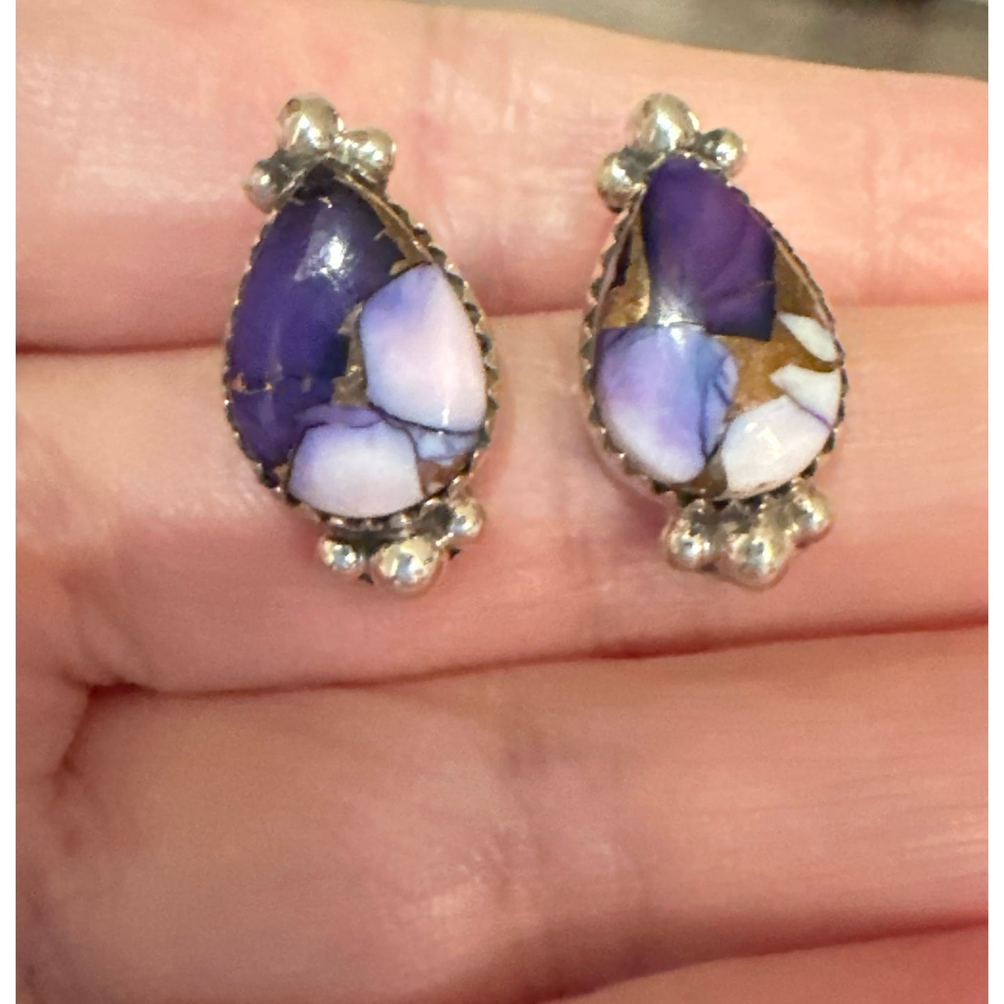 Purple Copper Turquoise Teardrop Earrings 1/2” Long Sterling Silver