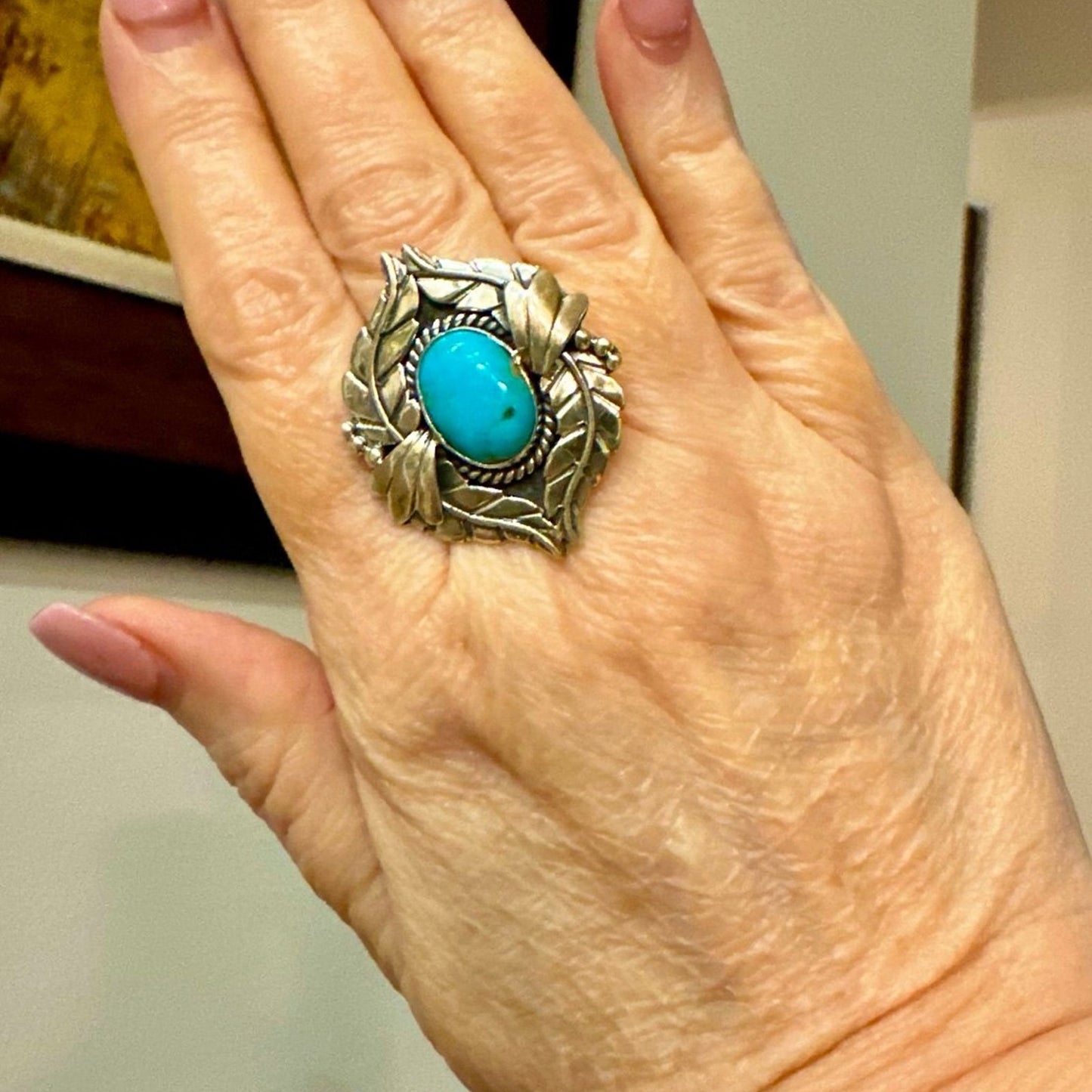 Kingman Blue Turquoise Oval Leaf Feather Sterling Silver Ring Size 7,8
