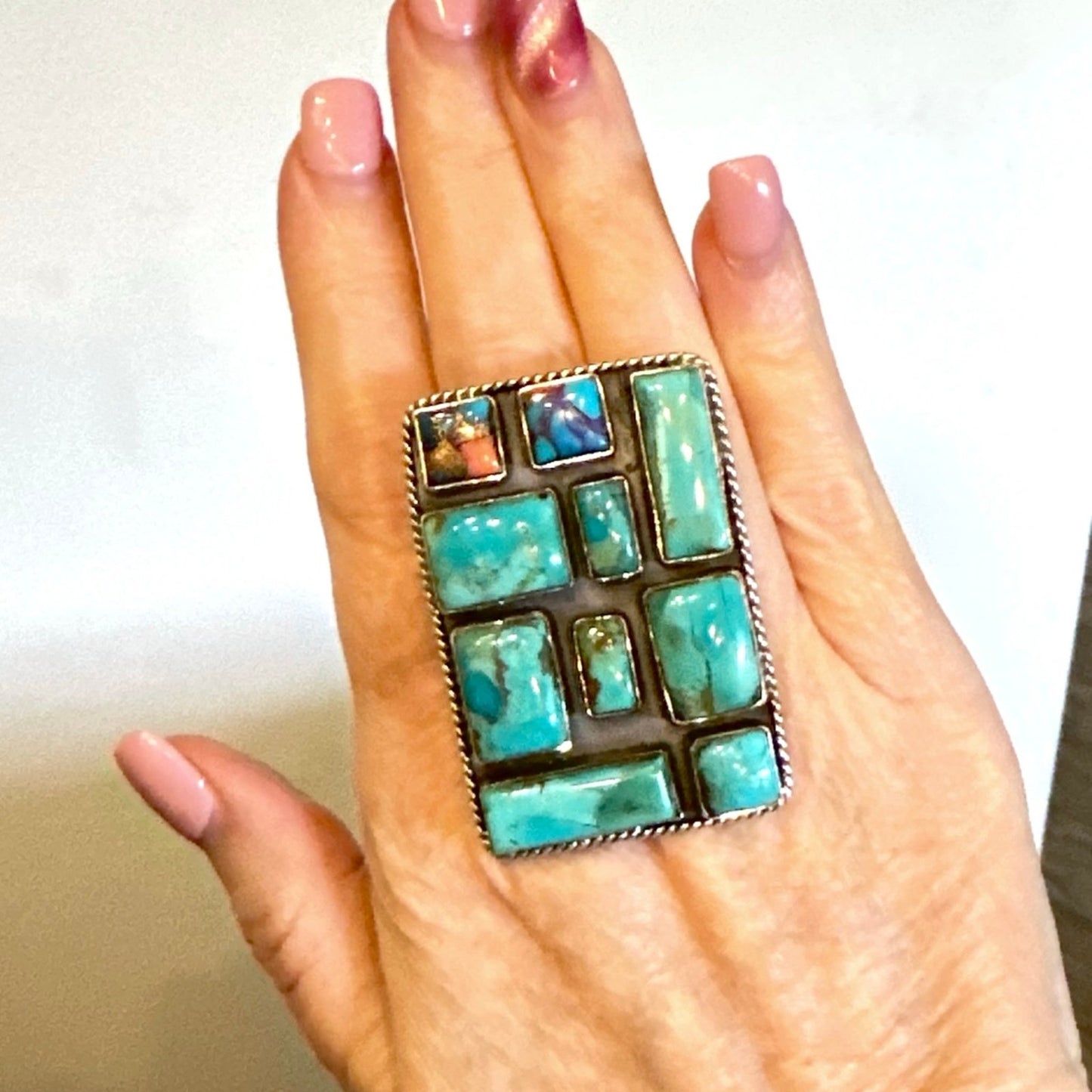 HUGE Turquoise Spiny Oyster Square Ring Adjustable