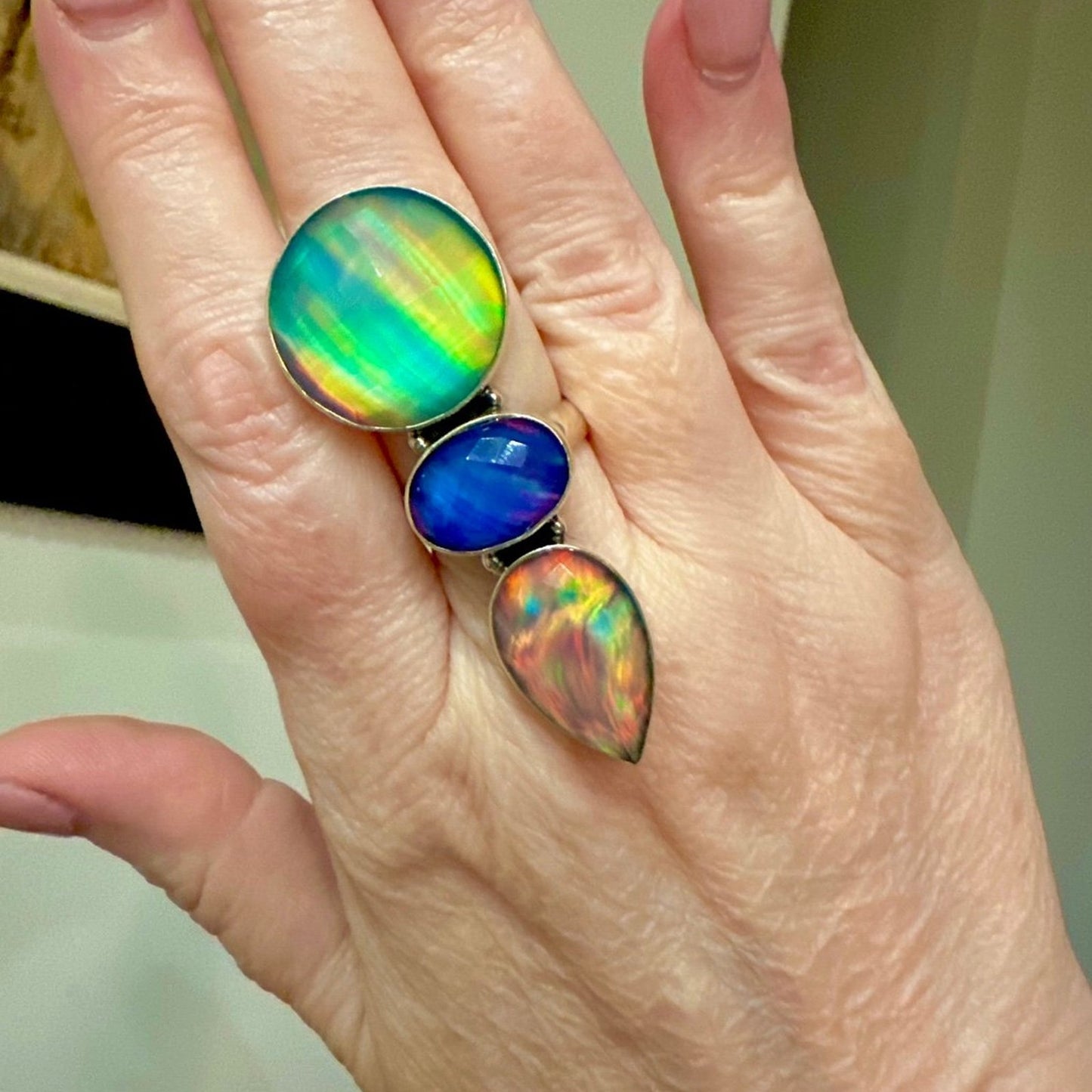 Three Stone Aurora Opal Faceted Handmade Sterling Silver Ring Adjustable