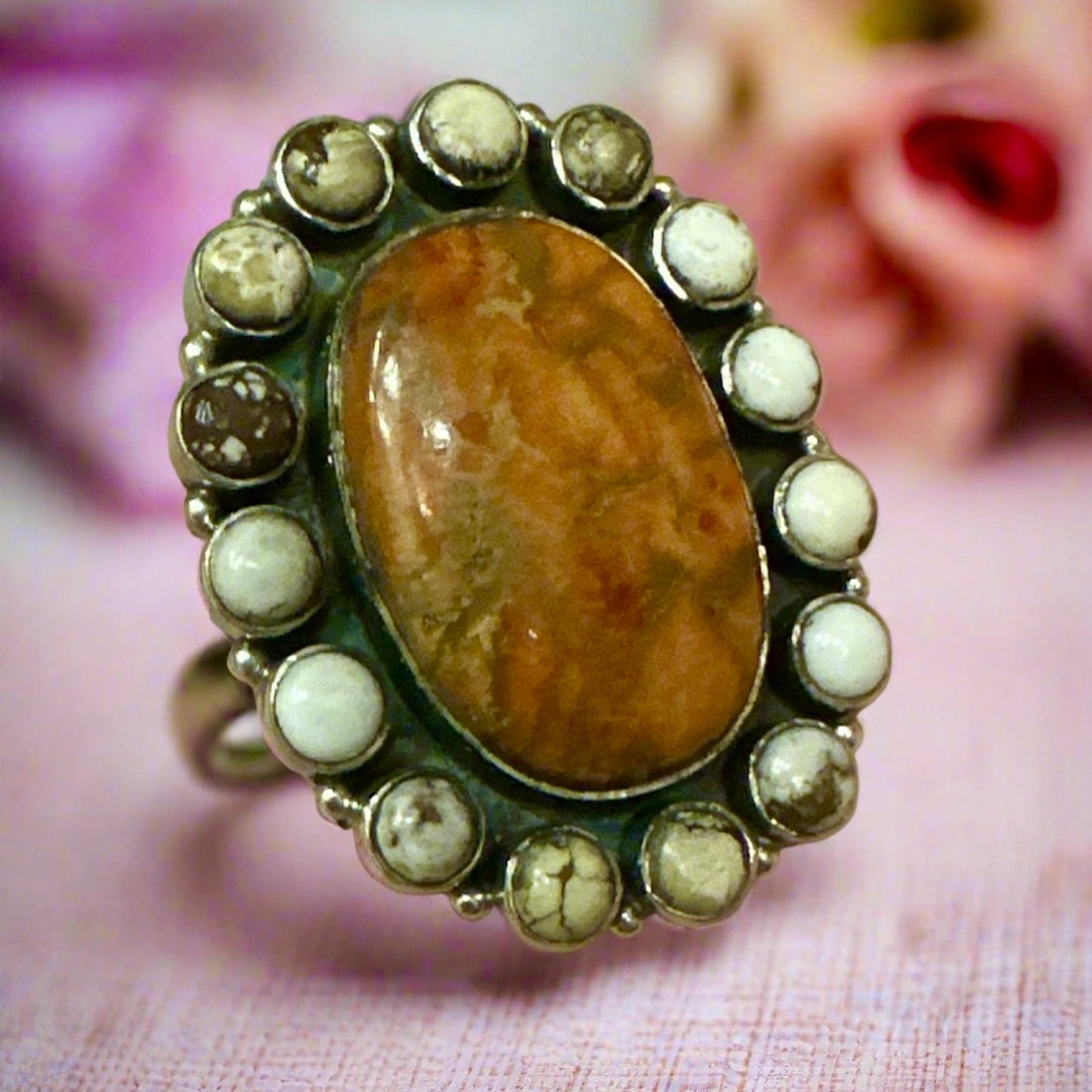 Huge Spiny Oyster & Wild Horse Jasper Southwestern Ring Adjustable Size