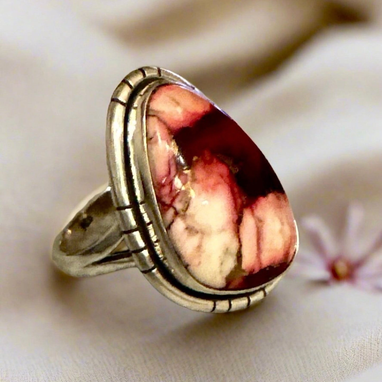 Pink Red Rose Dahlia Sterling Silver Ring Size 6