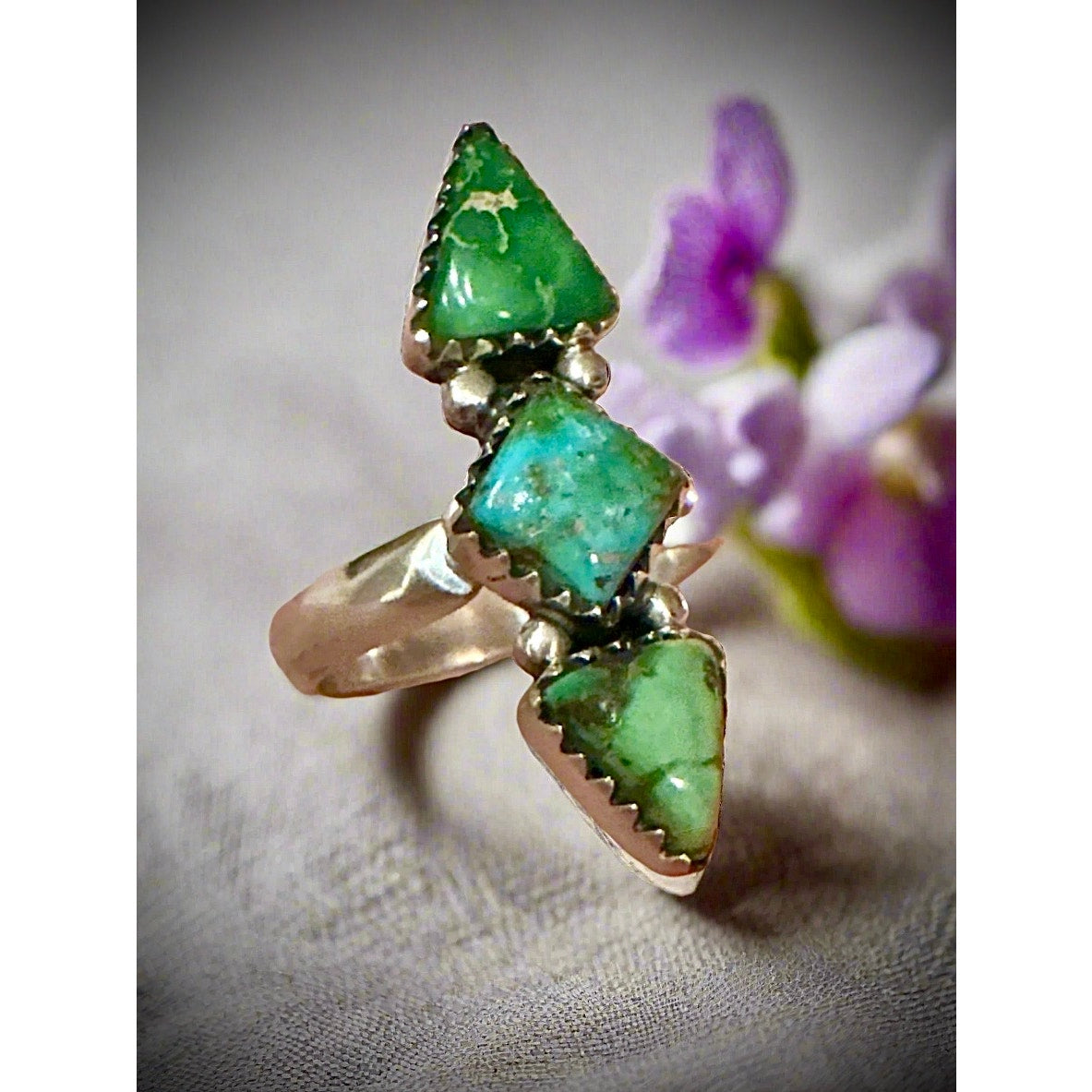 Sonoran Gold Turquoise Three Stone Diamond Shape Sterling Ring Size 5-11 Adjustable