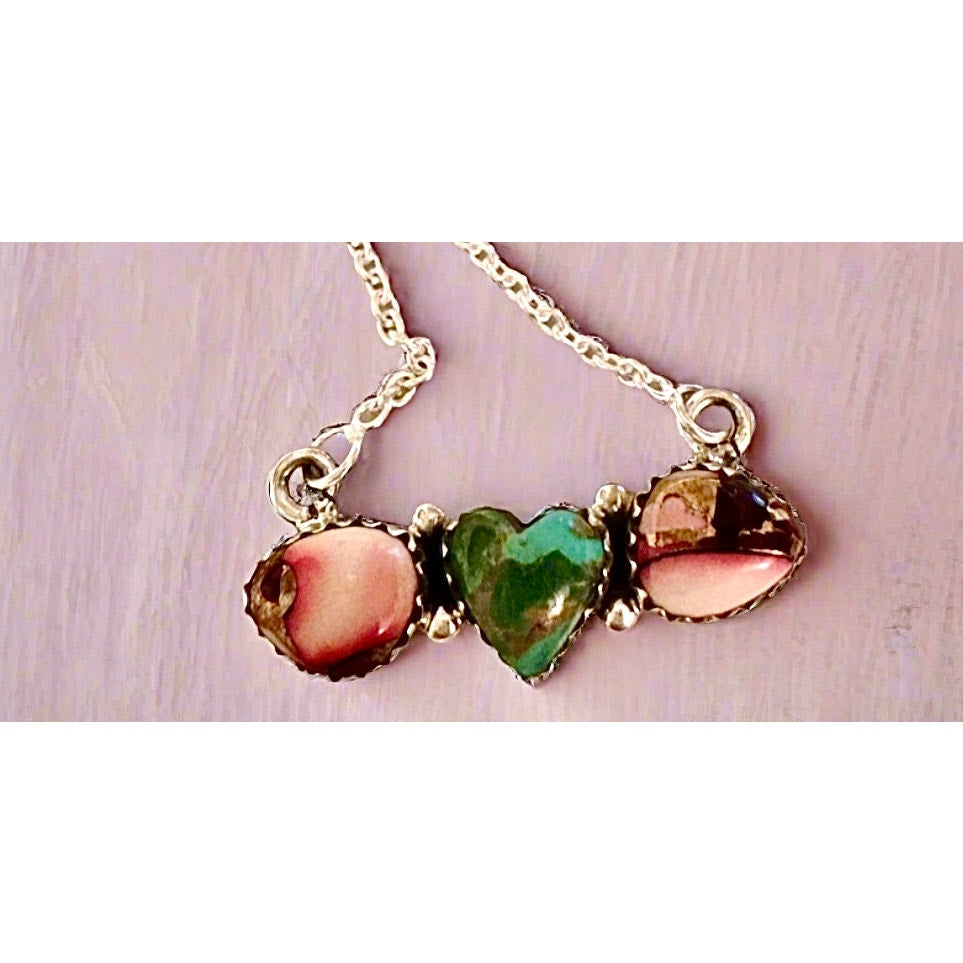 Sonoran Gold Turquoise & Rose Dahlia Heart Necklace 16-18”