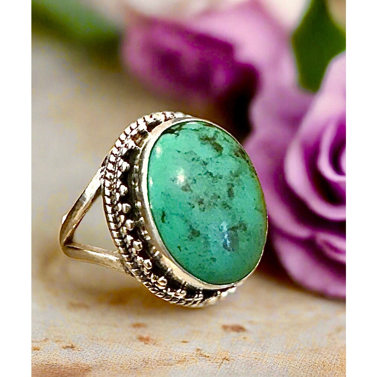 Kingman Turquoise Bali Style Oval Sterling Silver Ring Adjustable 5-11