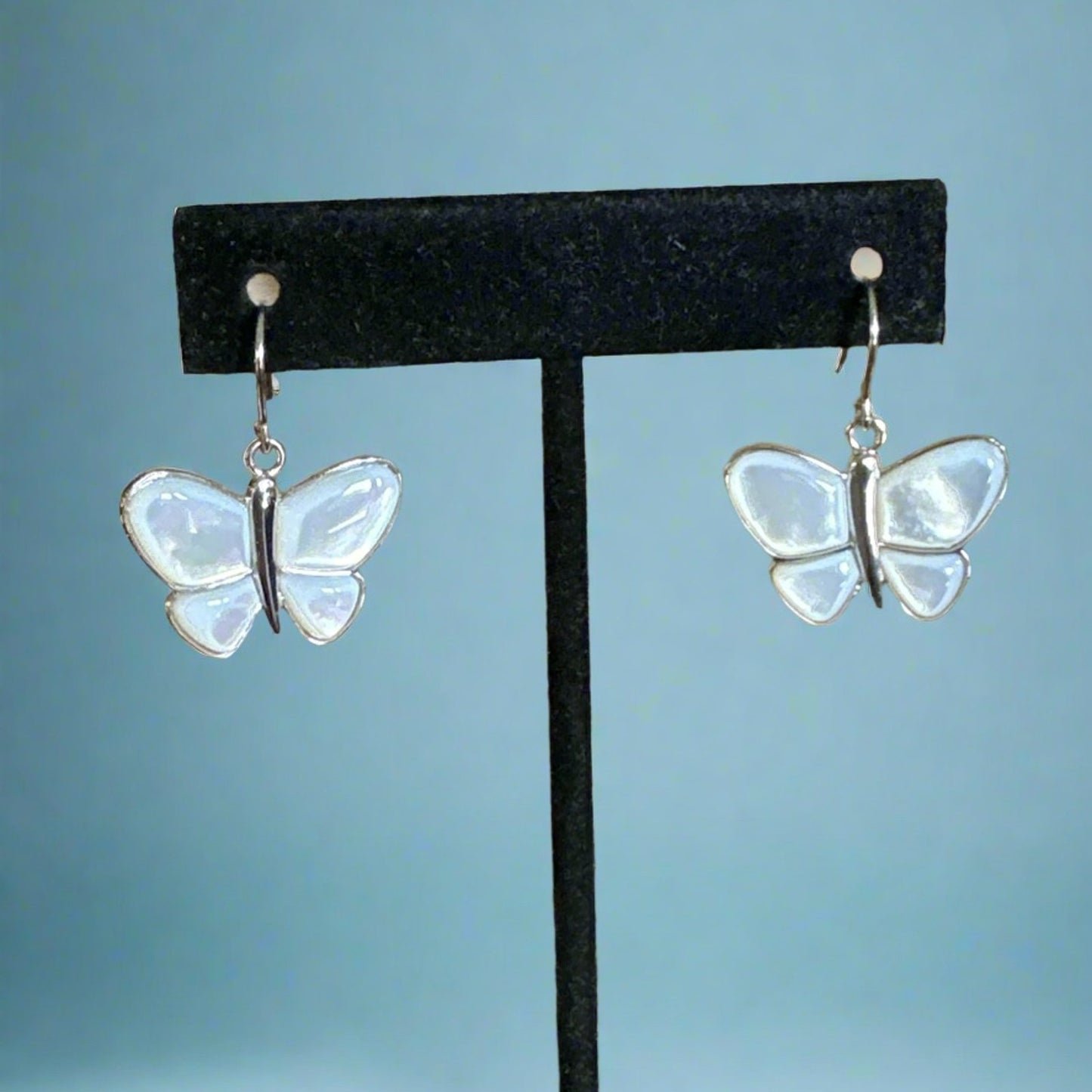 Earrings mother of Pearl .925 sterling silver butterfly dangle earrings.
