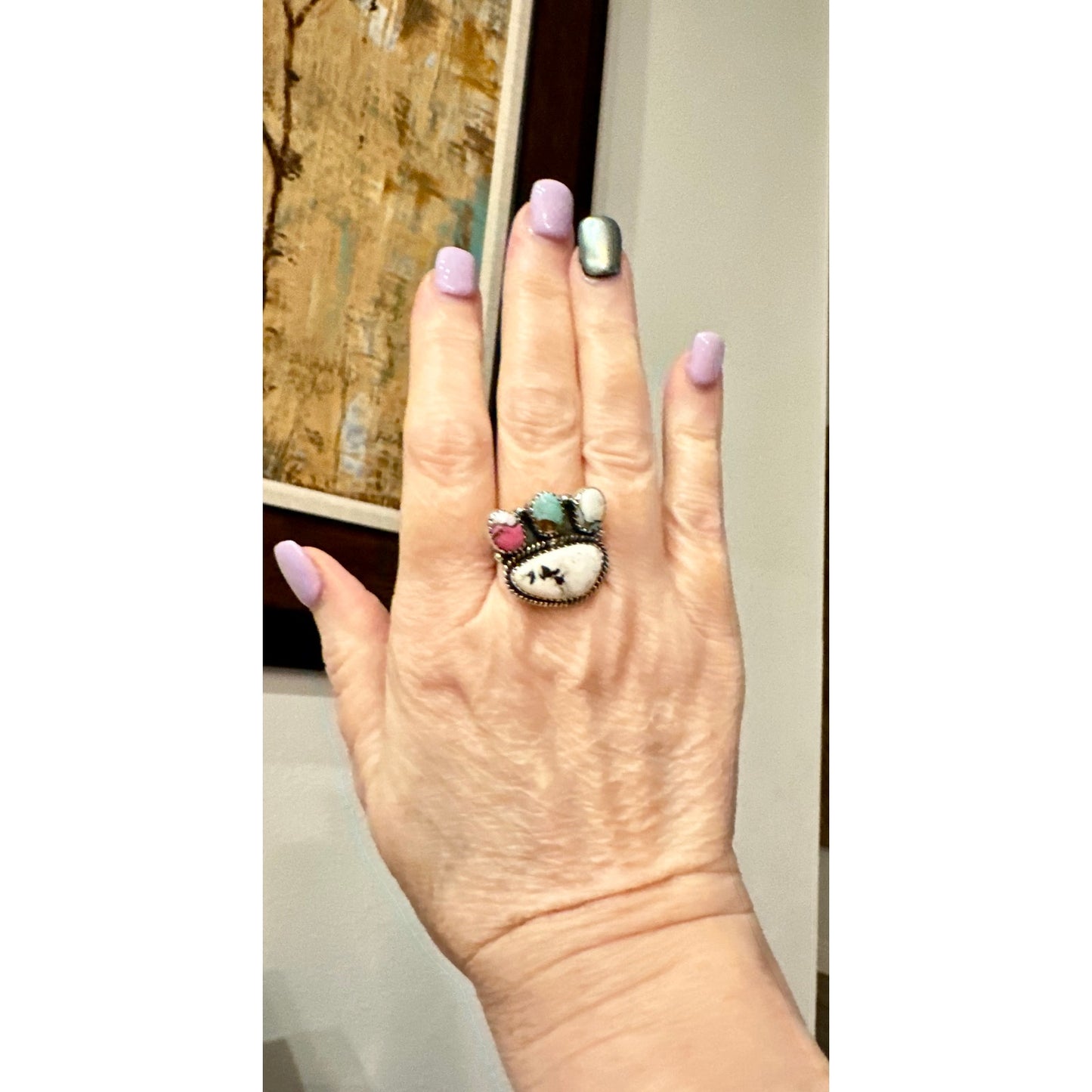 White Buffalo & Cotton Candy Cluster Sterling Ring Adjustable 5-11