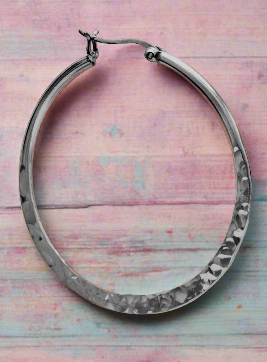 Large Hammered Hoop Earrings .925 Sterling Silver
