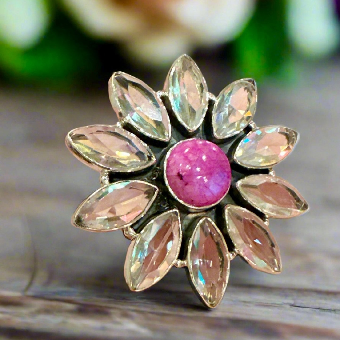 Pink Moonstone Aurora Quartz Oval Round Statement Ring Adjustable