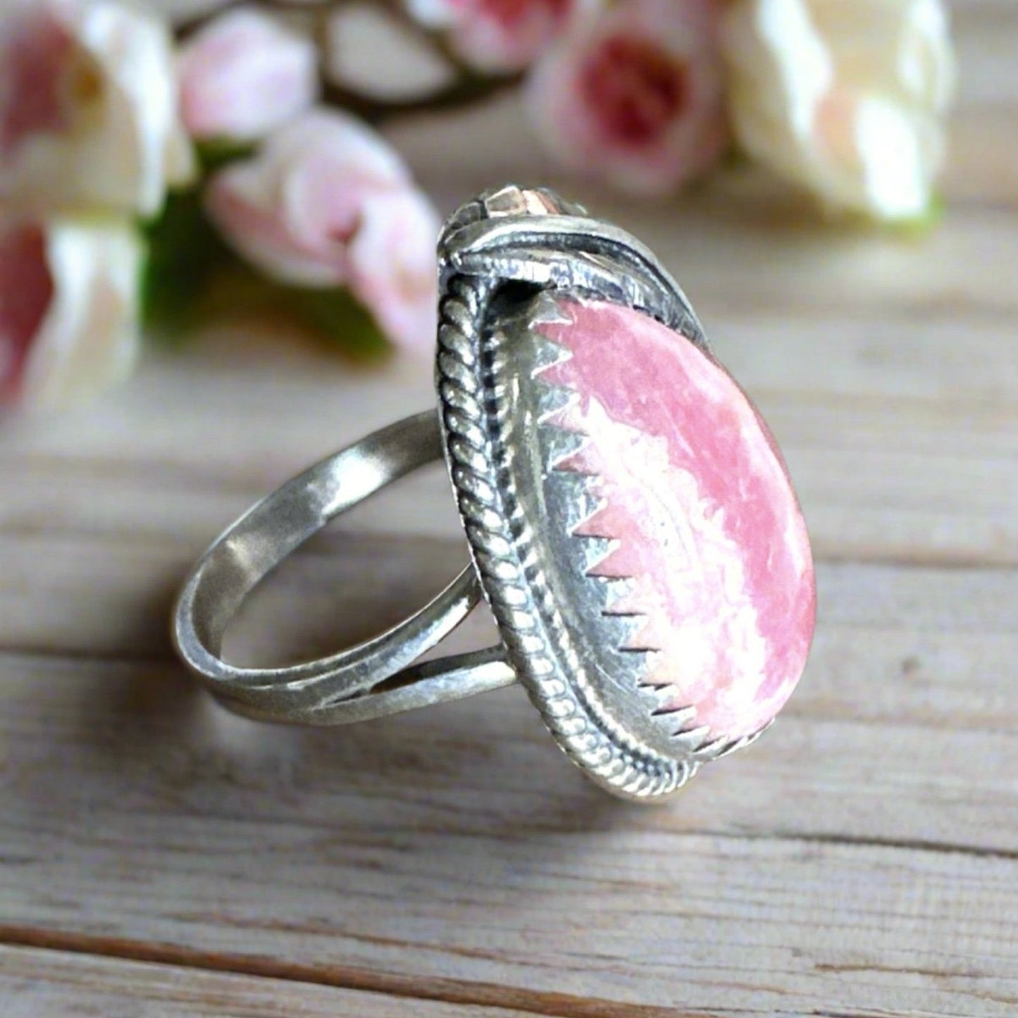 Rhodochrosite Sawtooth Leaf Design Southwestern Ring Size 8.75
