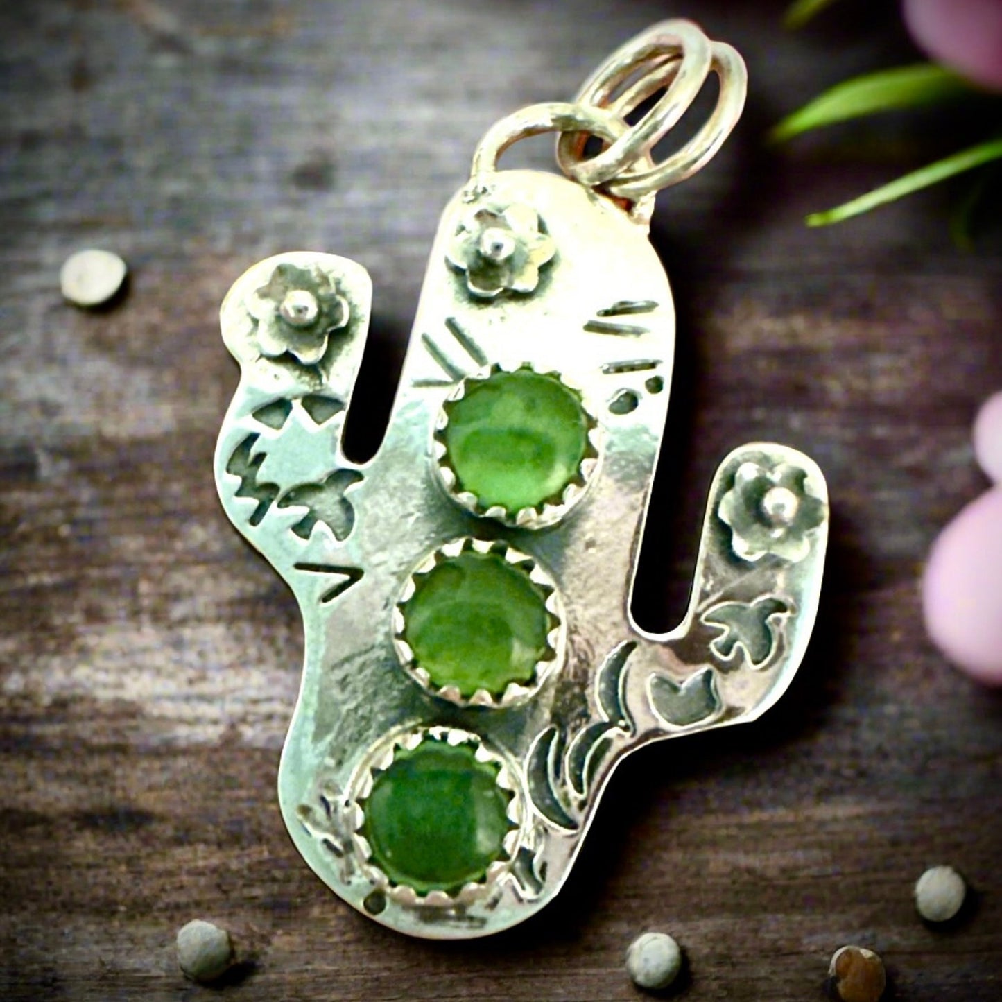 PICK One Southwestern Sterling Silver Gemstone Cactus Pendant 1.25”