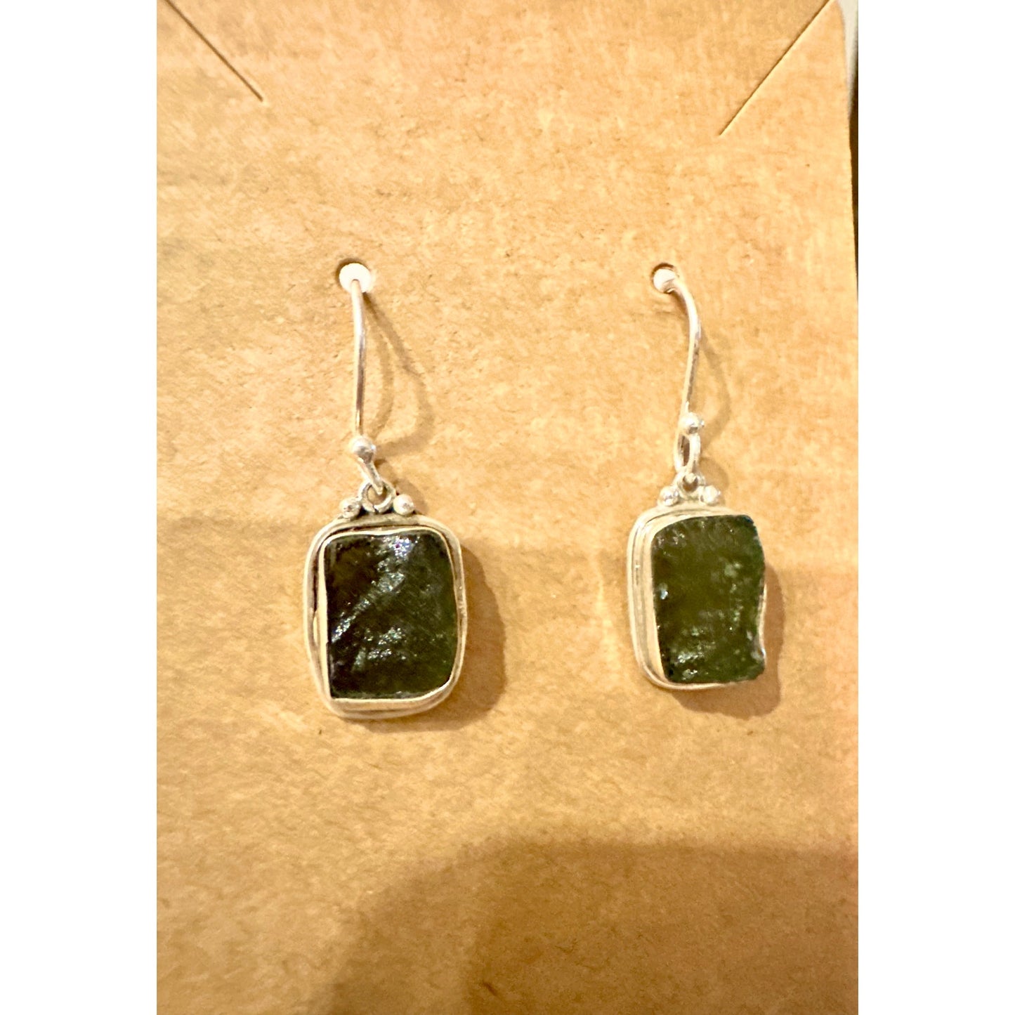Rough Square Moldavite 925 Sterling Silver Dangle Earrings 1.5”
