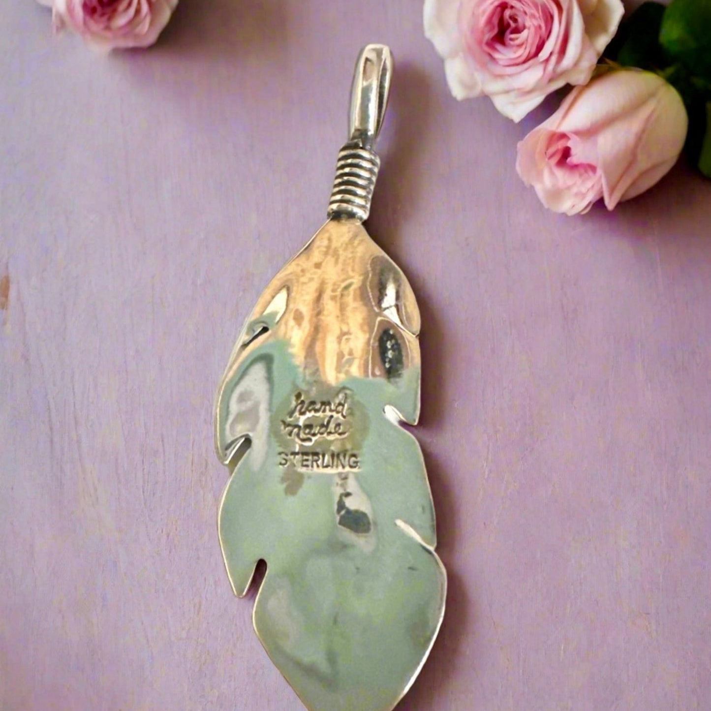 Pink Conch Southwestern Feather Sterling Silver Pendant 2” Long