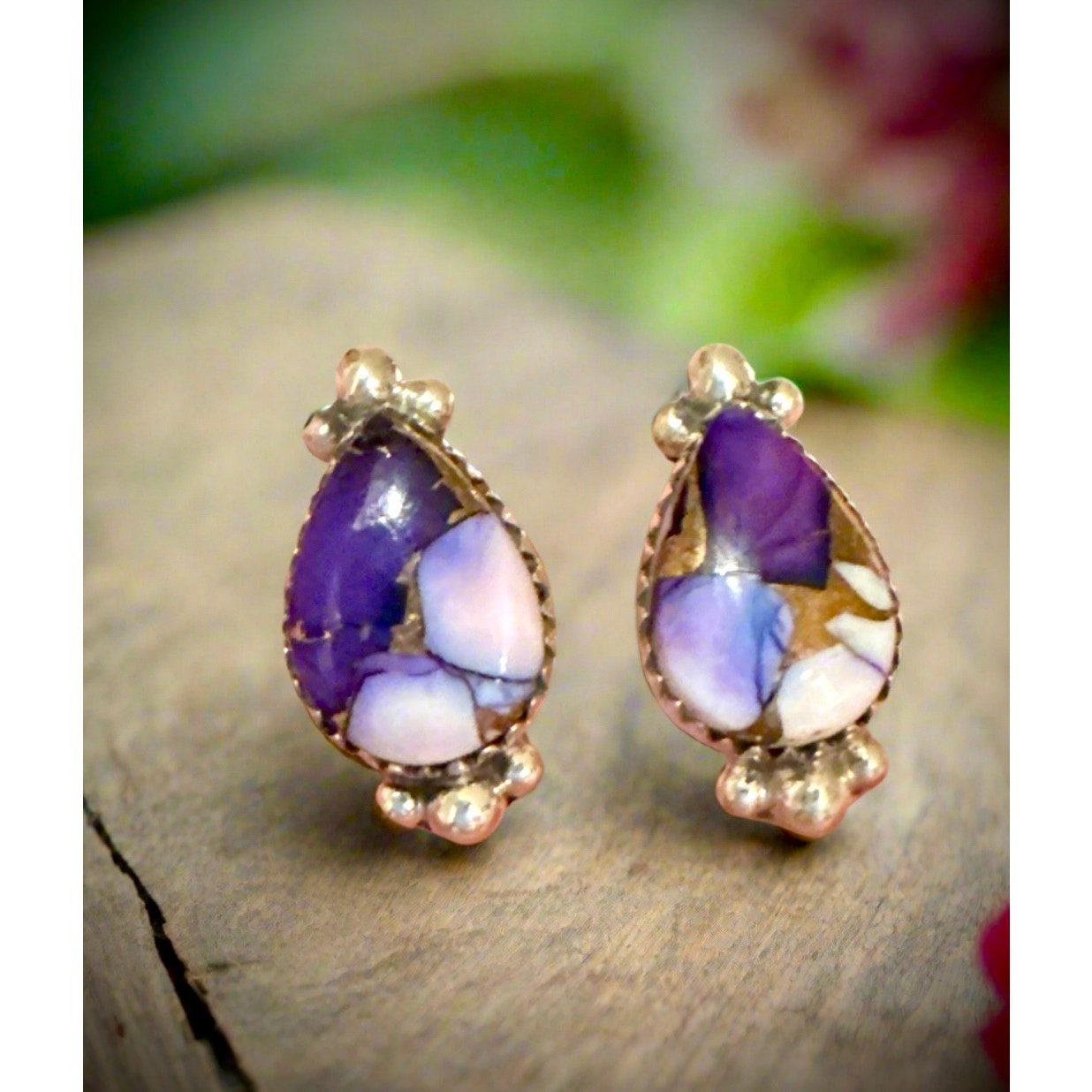 Purple Copper Turquoise Teardrop Earrings 1/2” Long Sterling Silver