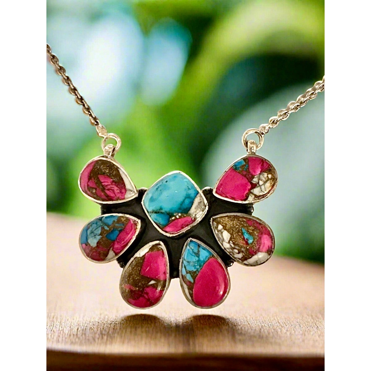 Cotton Candy Turquoise Half Cluster Sterling Silver Necklace 18”