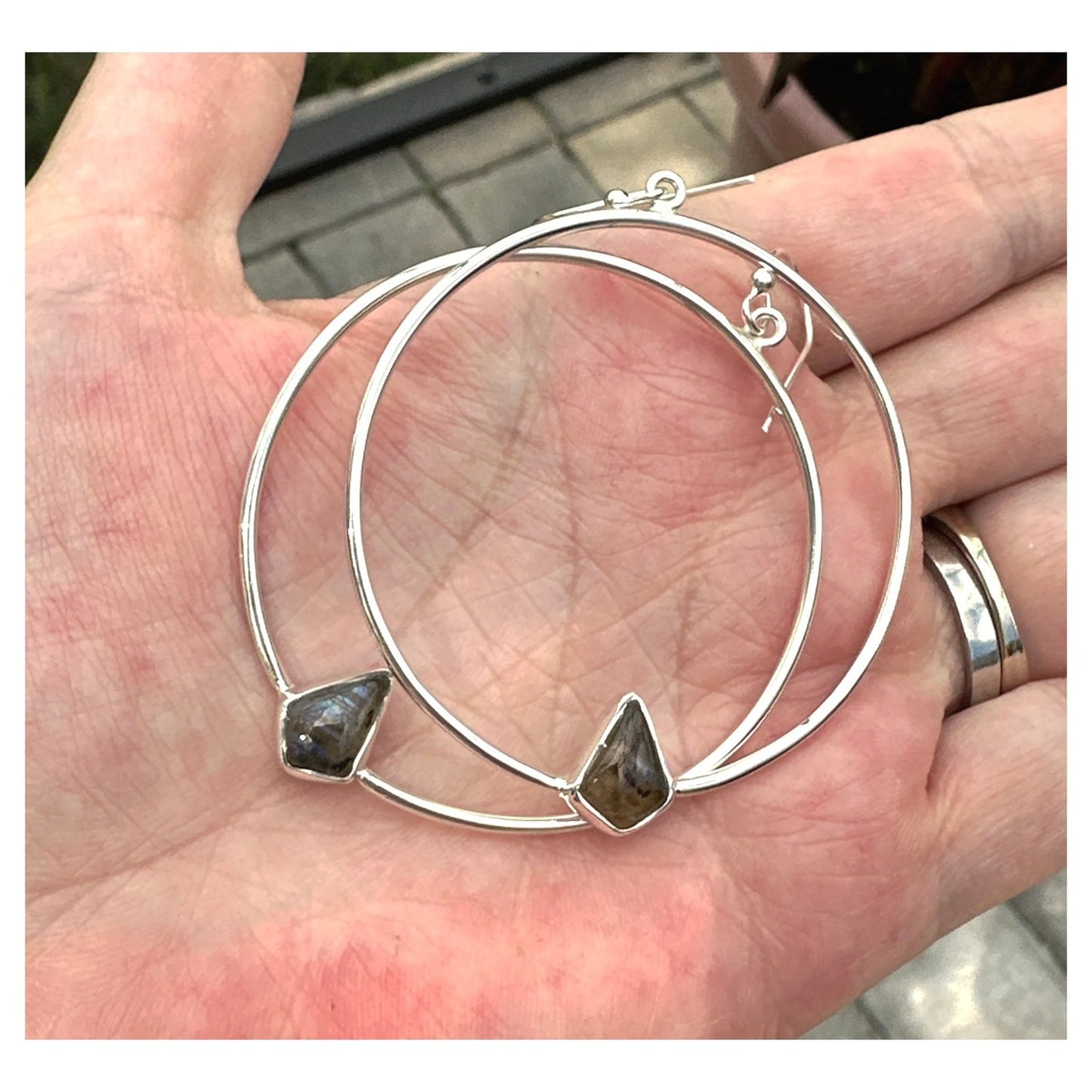Genuine Labradorite .925 Silver Hoops 2.5” Long!