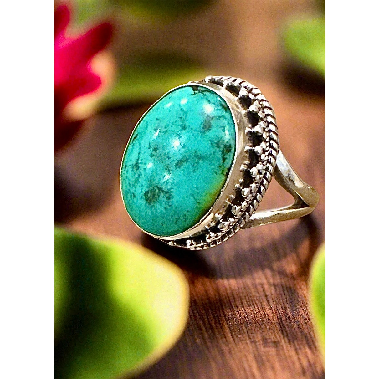 Kingman Turquoise Bali Style Oval Sterling Silver Ring Adjustable 5-11