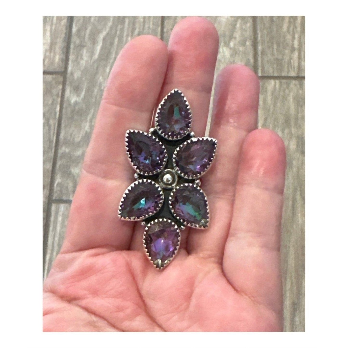 HUGE Teardrop Sawtooth Oxidized Mystic Topaz .925 Ring Adjustable 4-12