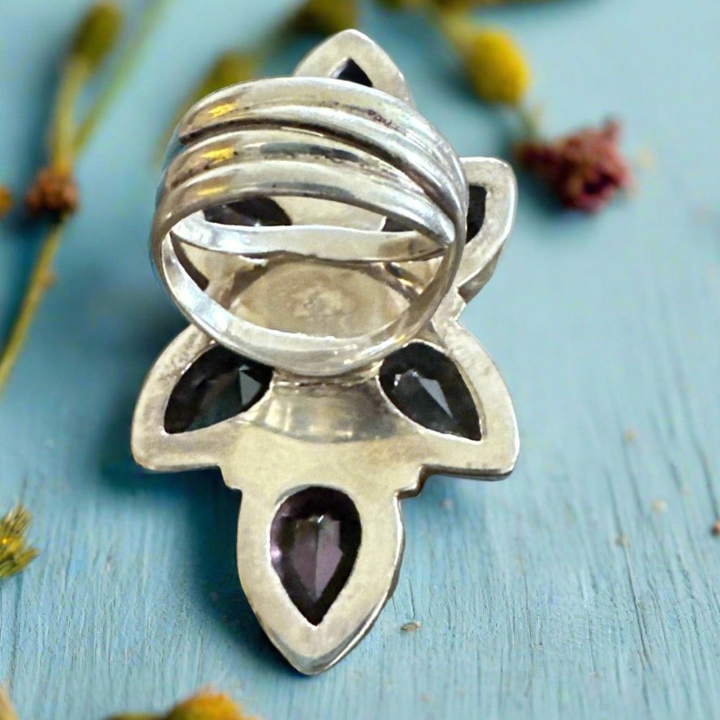 HUGE Teardrop Sawtooth Oxidized Mystic Topaz .925 Ring Adjustable 4-12