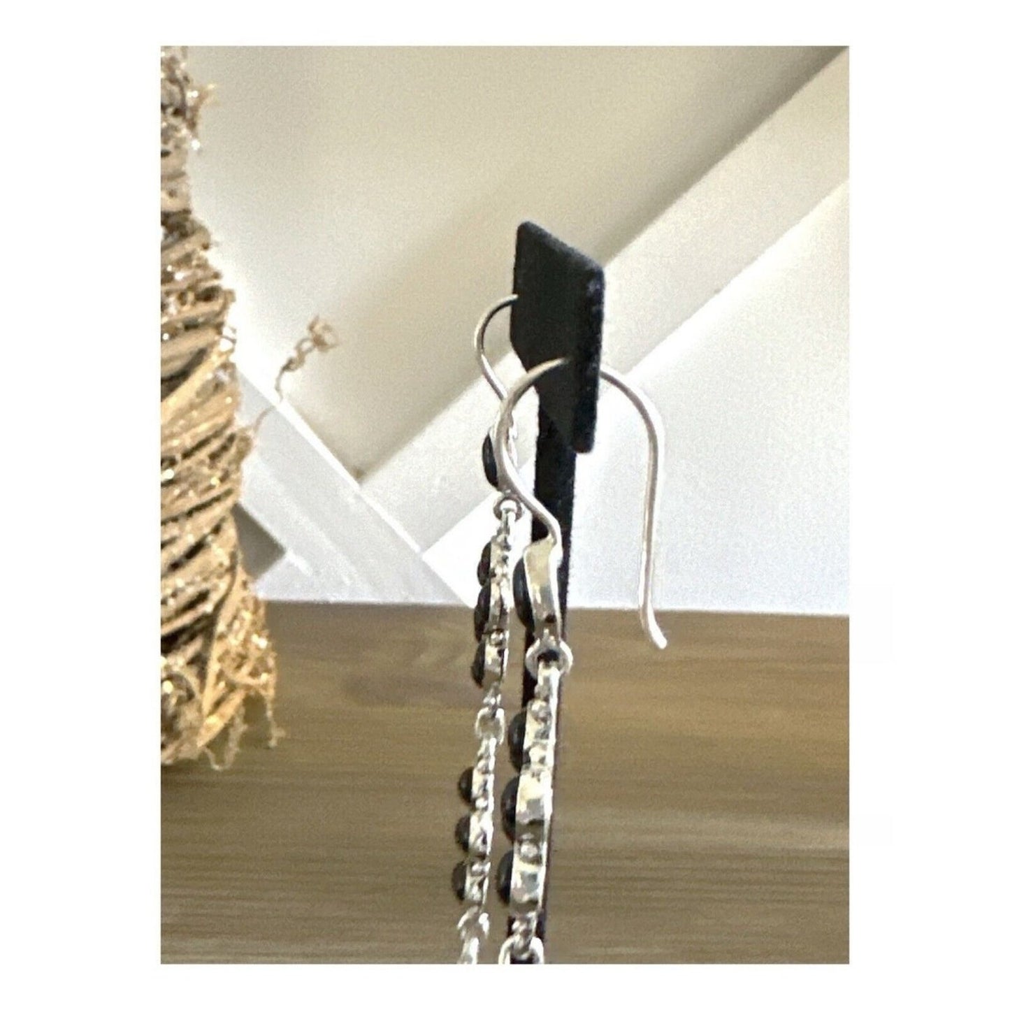 Southwestern Natural Onyx .925 Sterling Dangle Flower Earrings 4.5” Long!