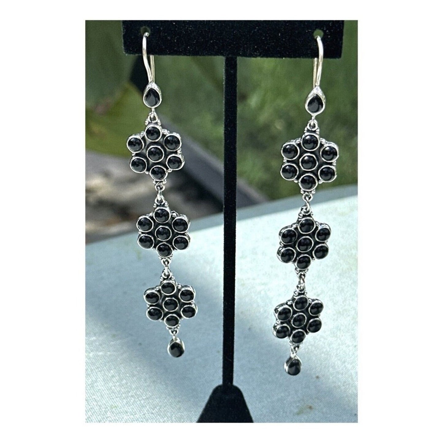 Southwestern Natural Onyx .925 Sterling Dangle Flower Earrings 4.5” Long!