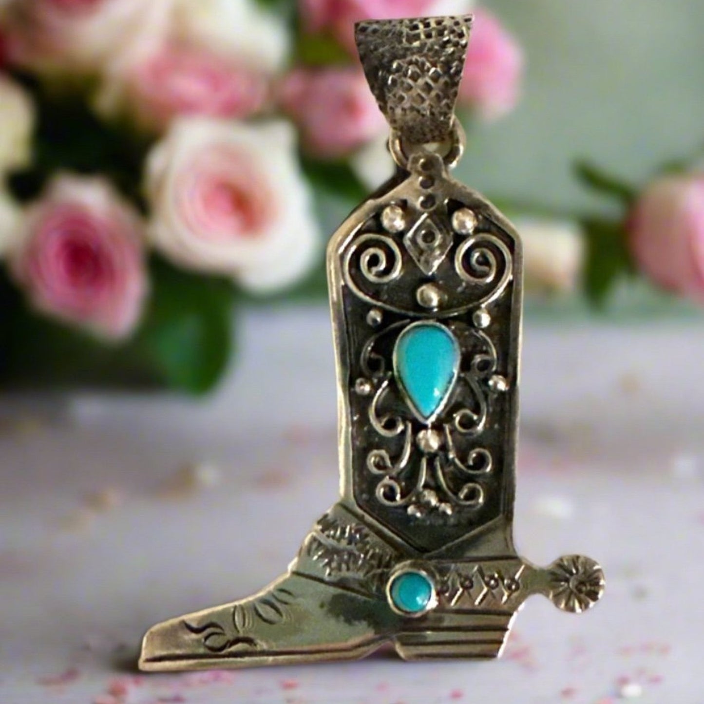 Turquoise Cowboy Boot Sterling Southwestern Pendant 2” Long