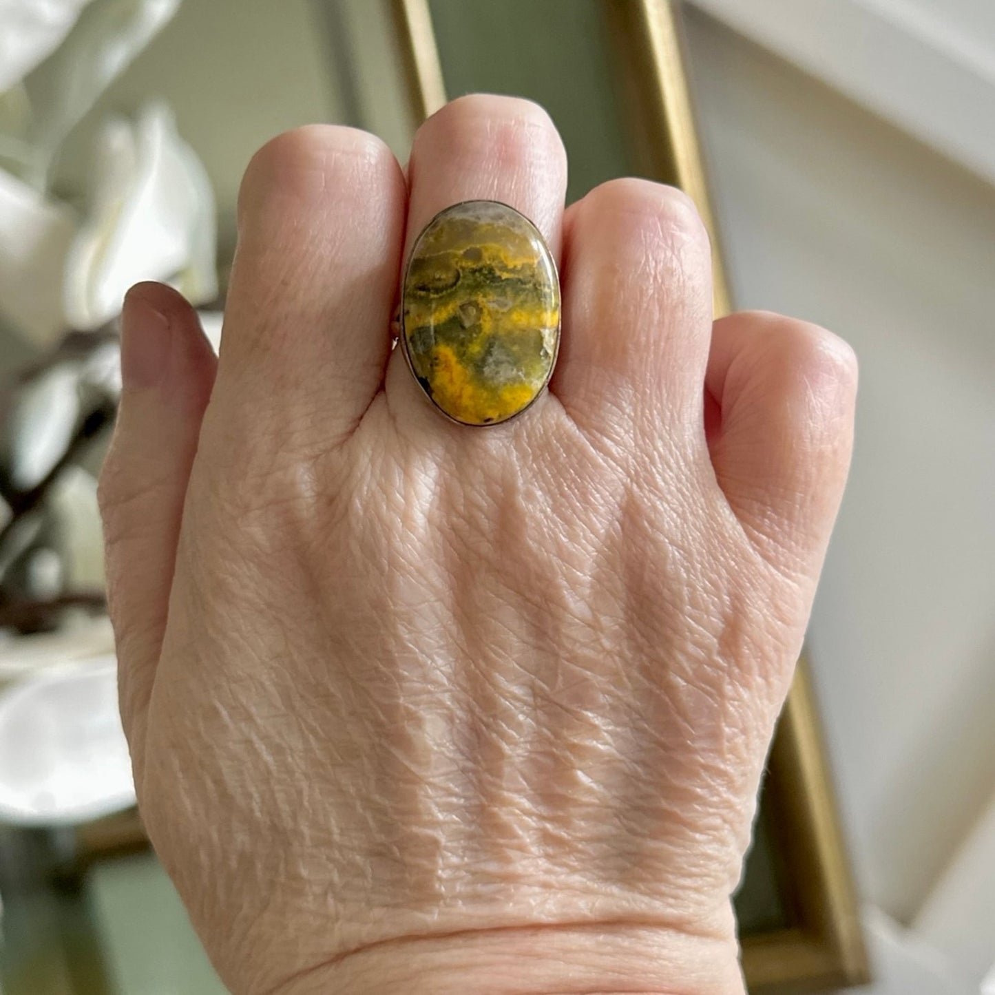Large Bumblebee Jasper statement ring .925 sterling silver size 7.