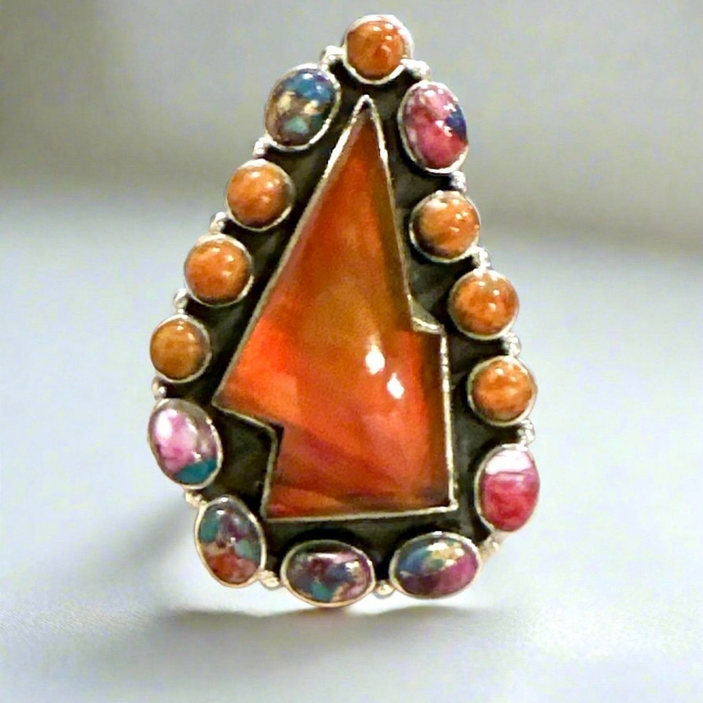 Spiny Oyster & Aurora Opal Lightening Bolt Southwestern Ring 2” Long